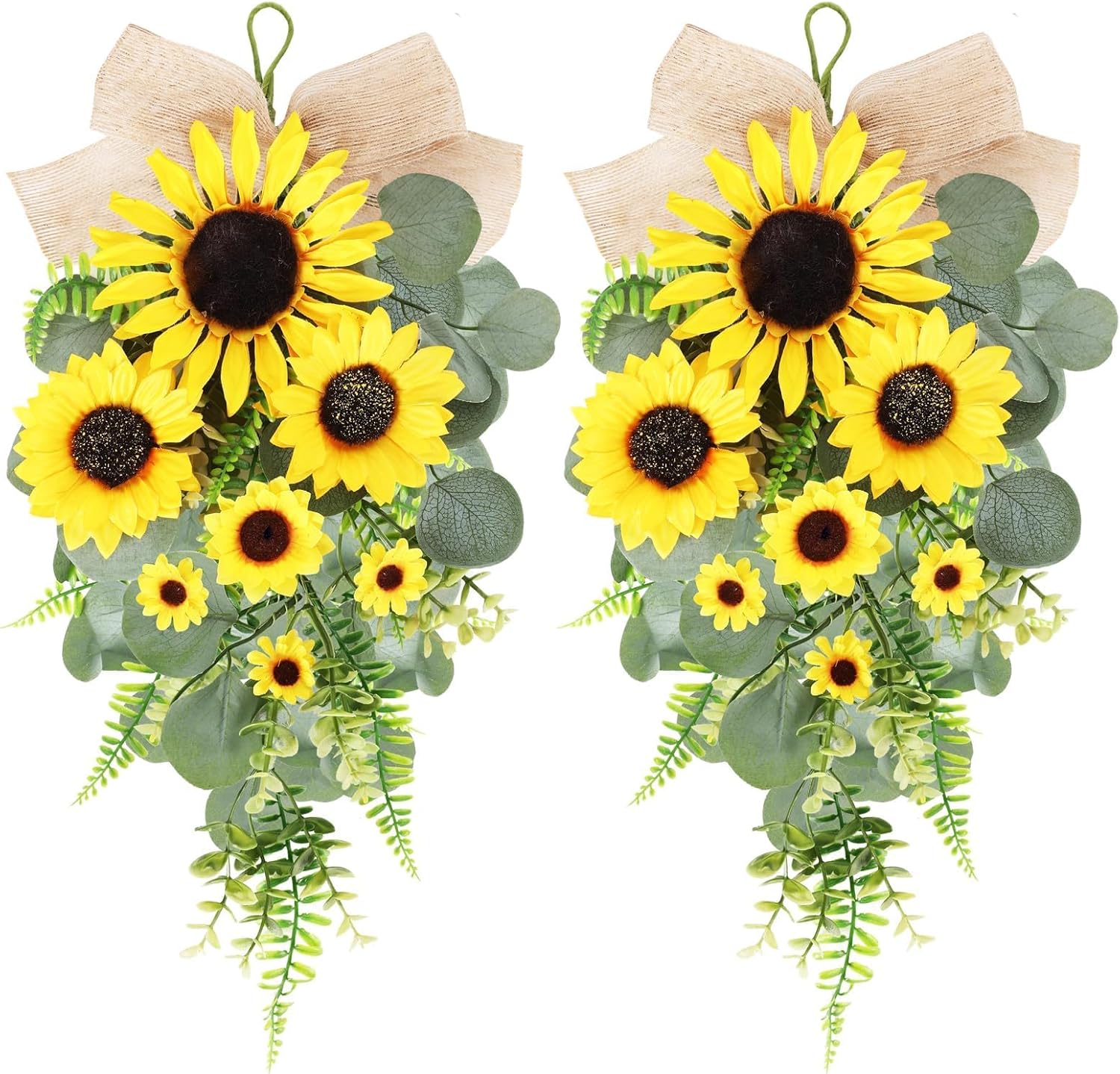 24 inch Artificial Sunflowers Teardrop Wreath with Burlap Bow
