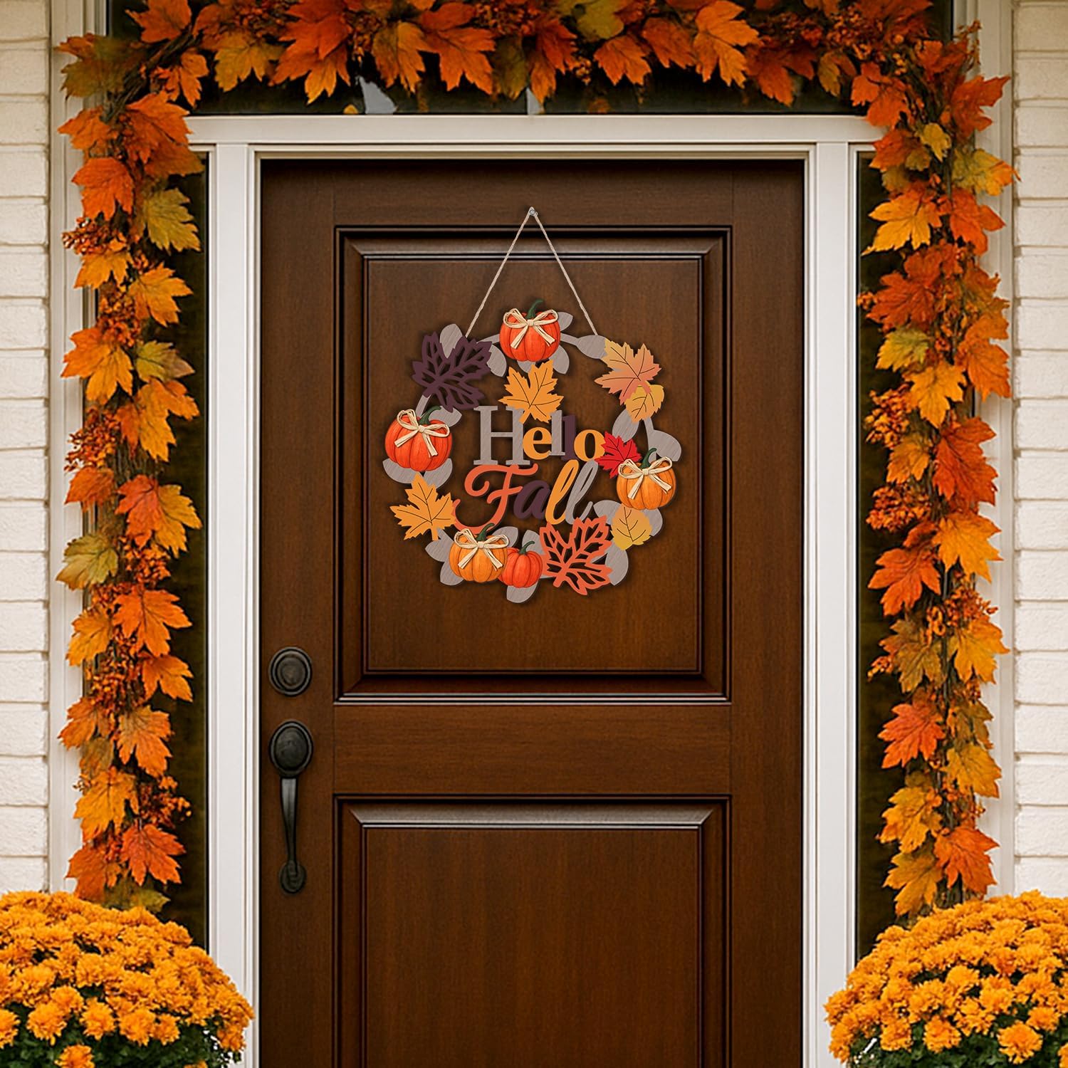 Aymolas Hello Fall Wreath Wooden Welcome Sign for Front Door