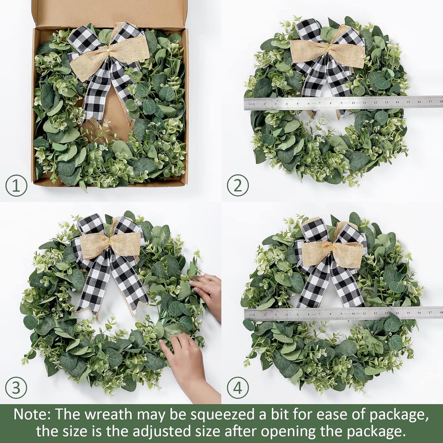 Dremisland Buffalo Plaid Wreath 16 Inch Artificial Eucalyptus Wreath with Plaid Bow