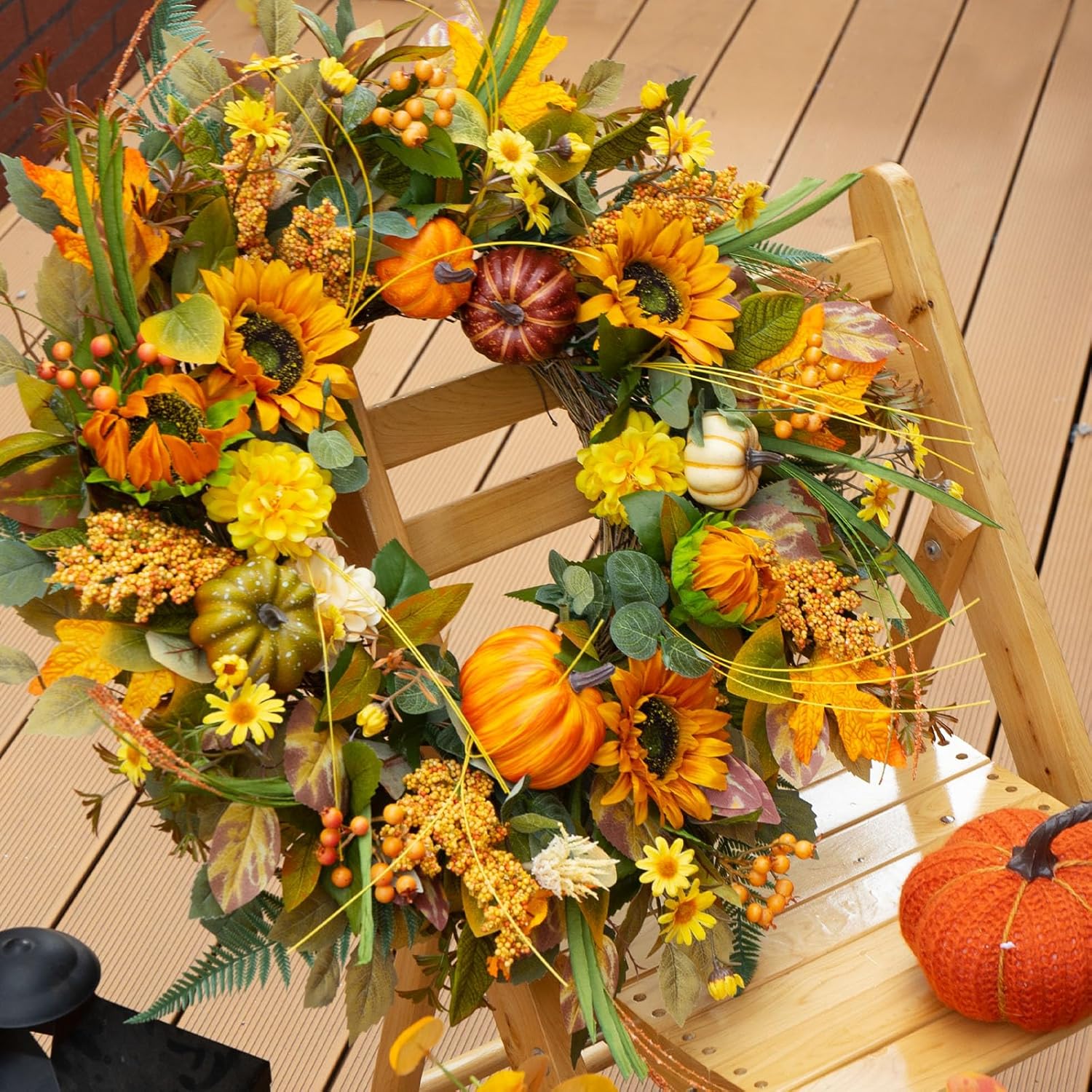 24 Inch Fall Wreath with Sunflowers Pumpkins Leaves for Front Door