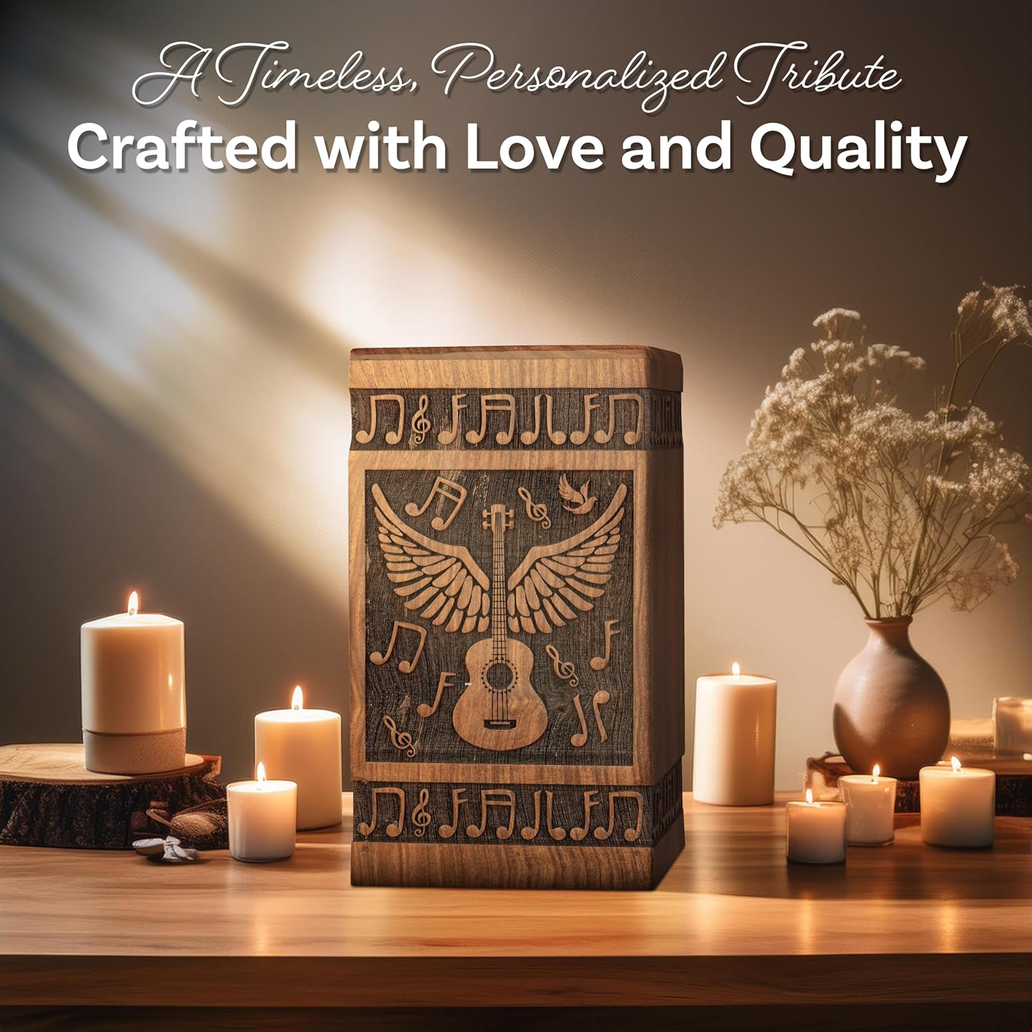 Handcrafted Wooden Cremation Urn with Angel Wings and Musical Notes