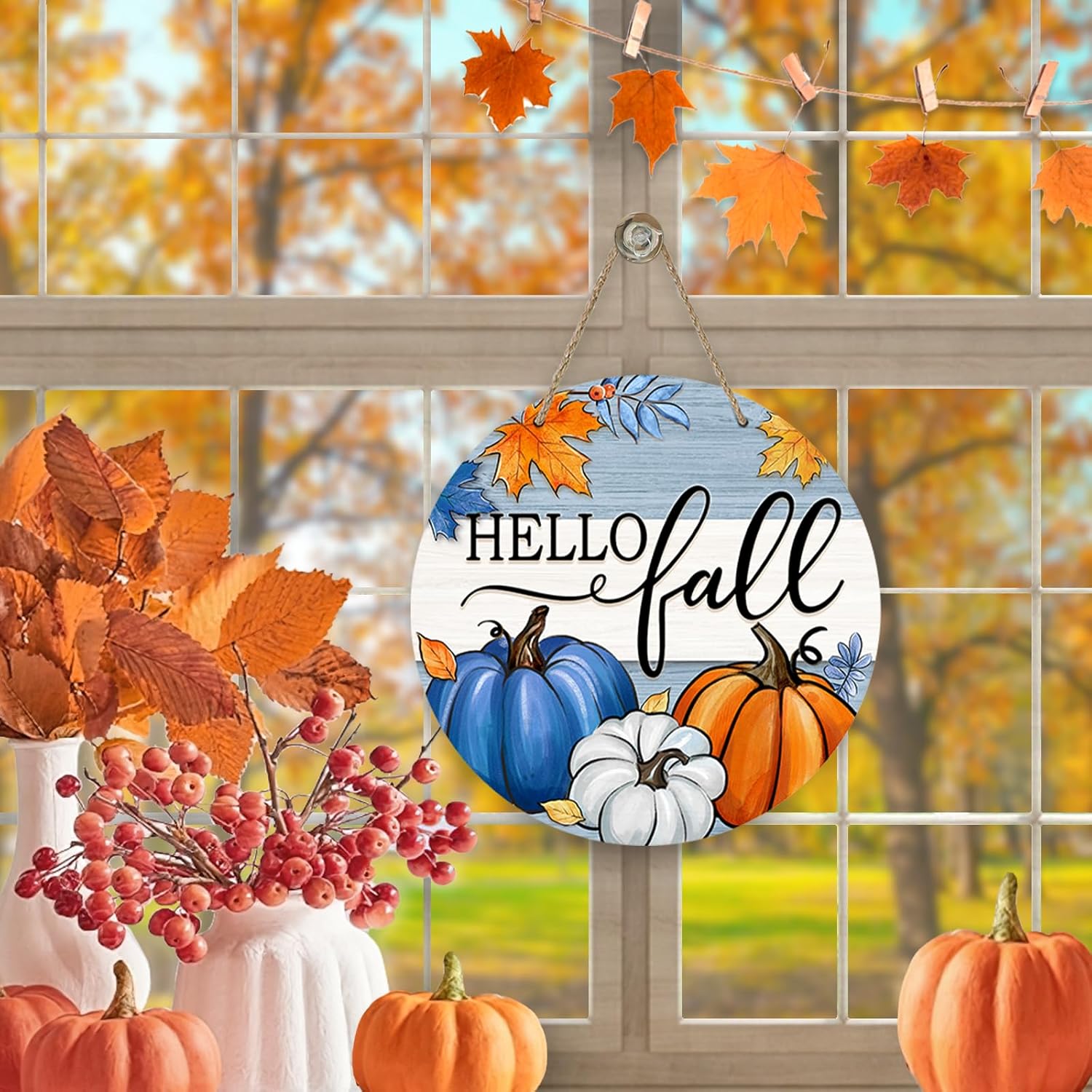 Deroro Fall Pumpkin Door Sign with Maple Leaves Stripes Wood Hanger