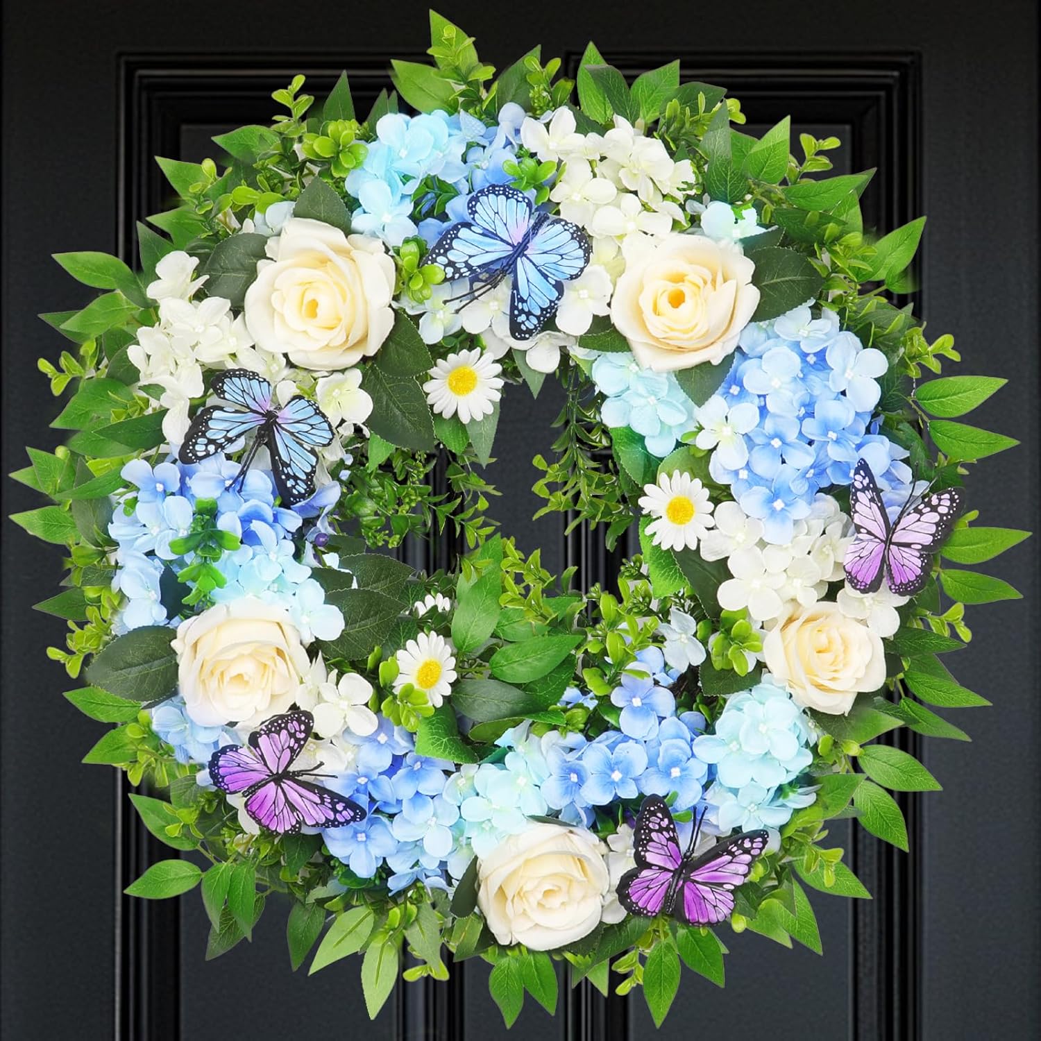 24 Inch Blue Hydrangea Wreath with Butterfly Lights Timer