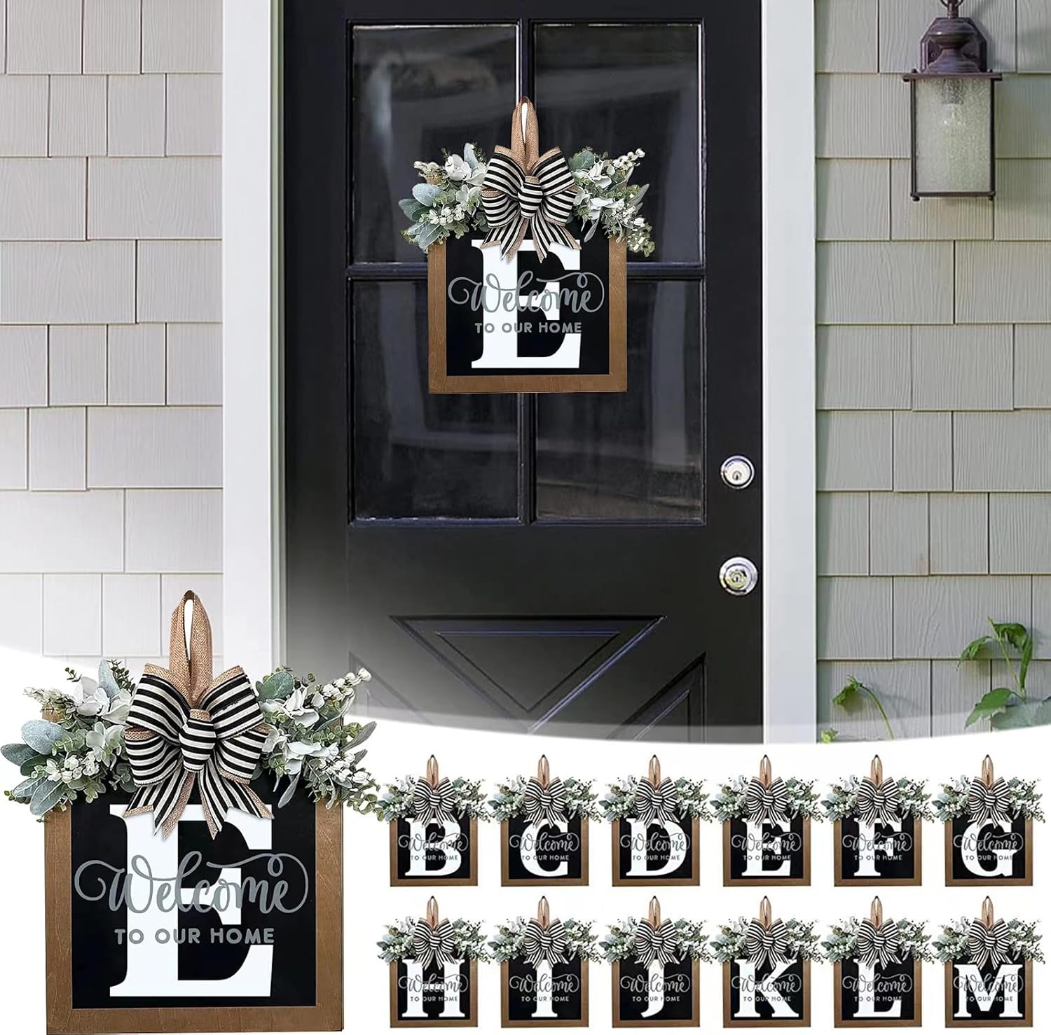 2023 New Surname Front Door Garland Wreath with 26 Letters Welcome Sign