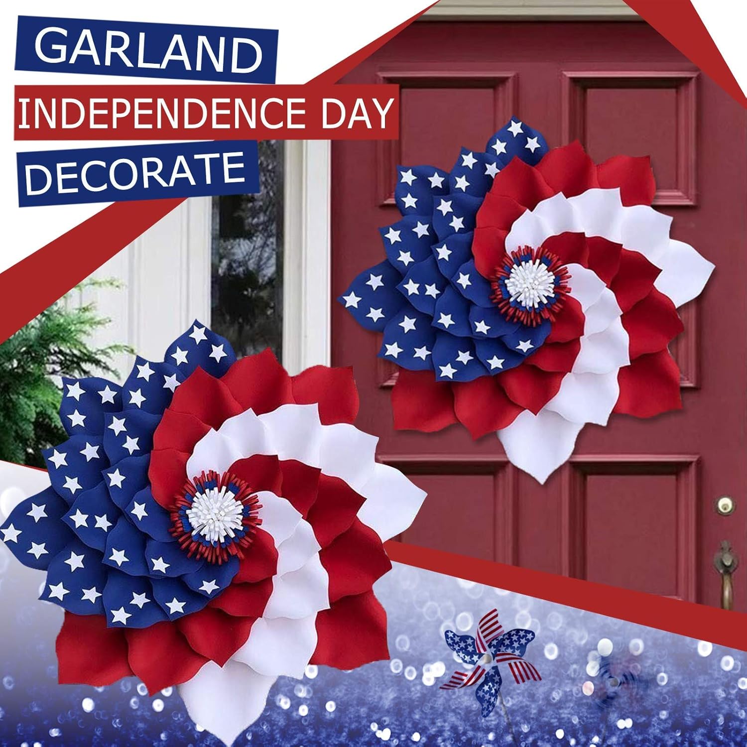 Patriotic Red White Blue Wreath for Front Door