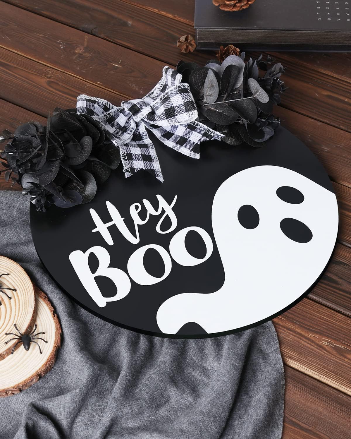 Black Halloween Wreath with Hey Boo Sign