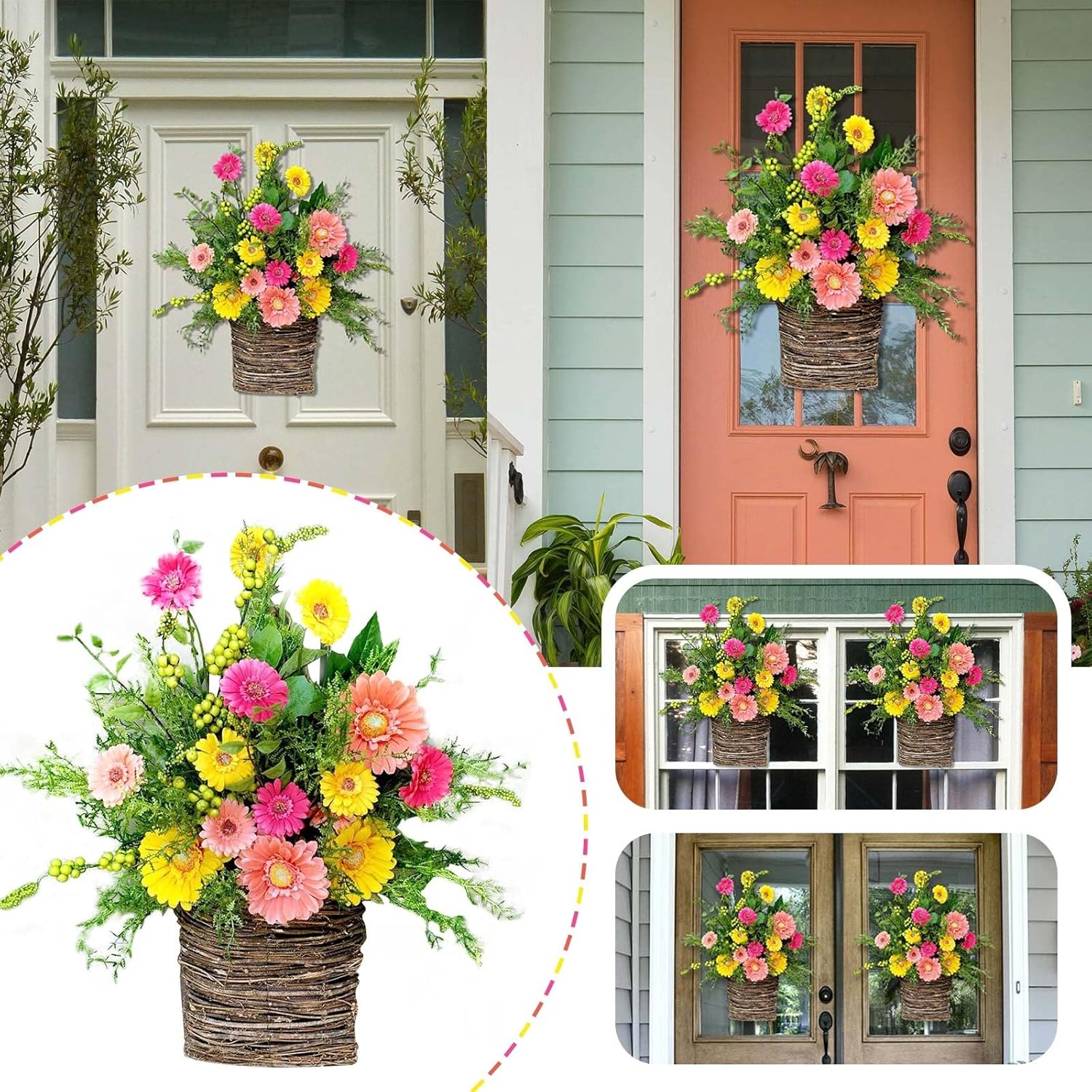 Cream Hydrangea Door Wreath with Basket and Rattan