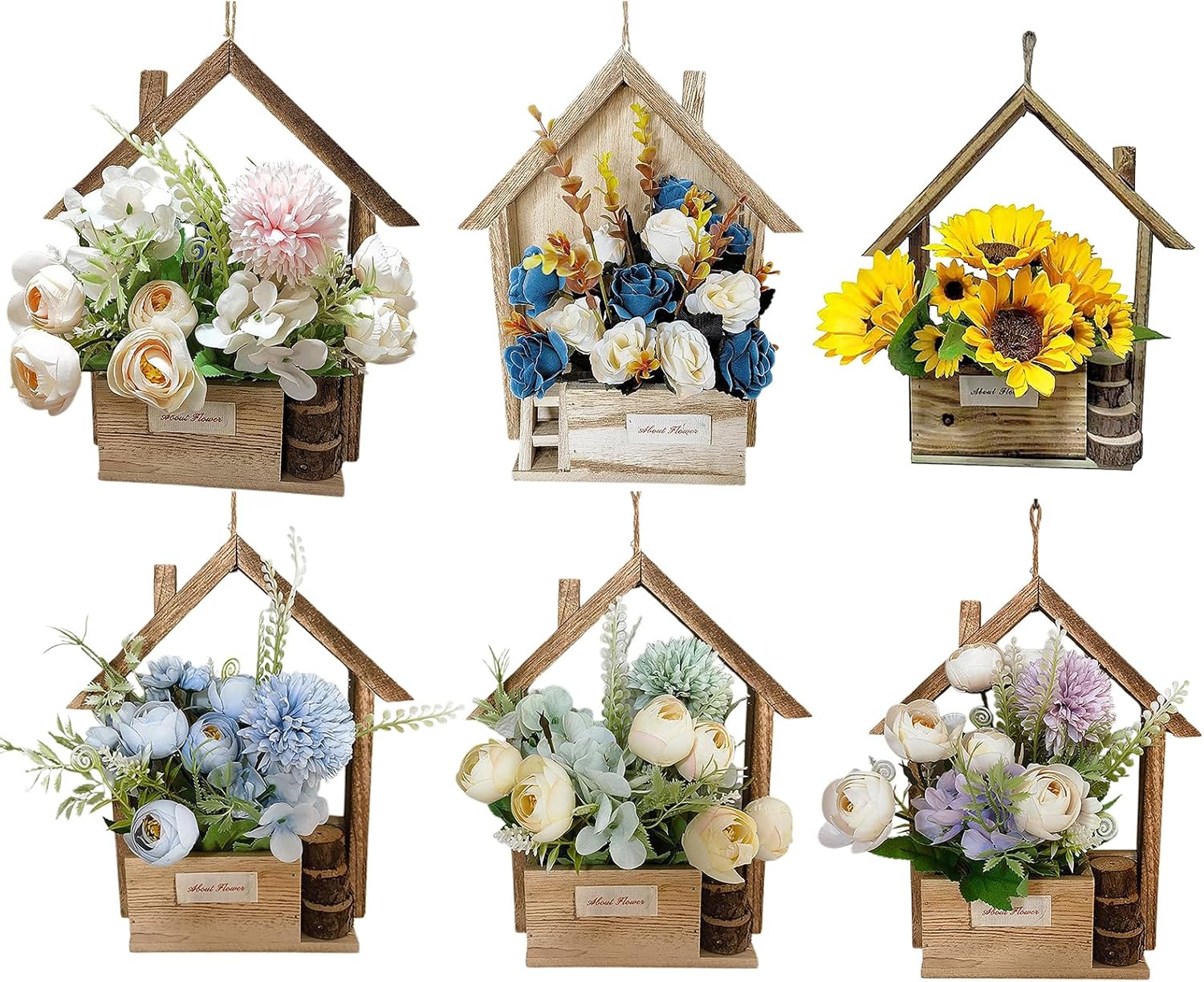 Wooden Door Hanging Basket with Silk Flowers and Ribbon Wreath