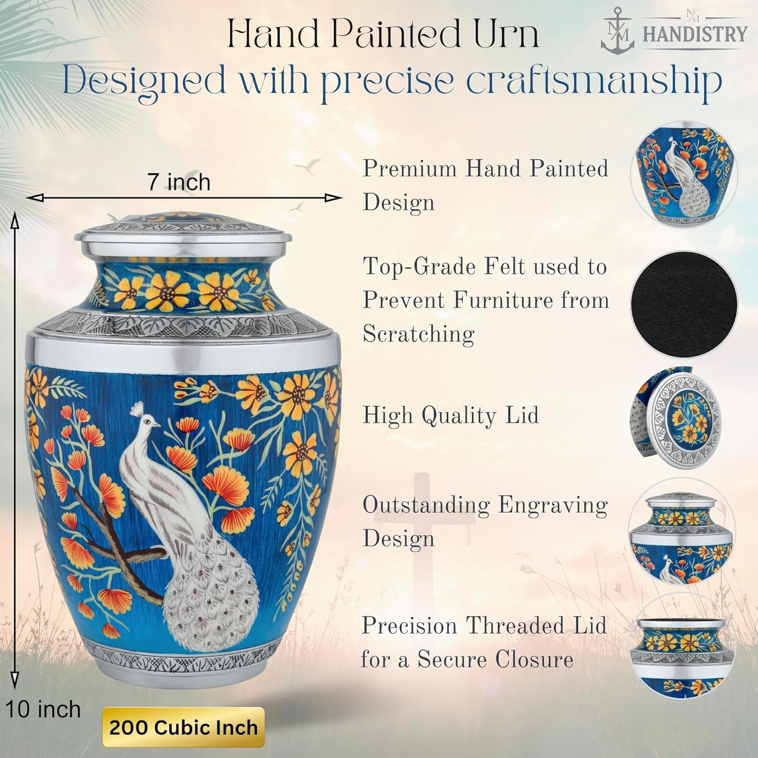 Handpainted Peacock Cremation Urn for Adult Male