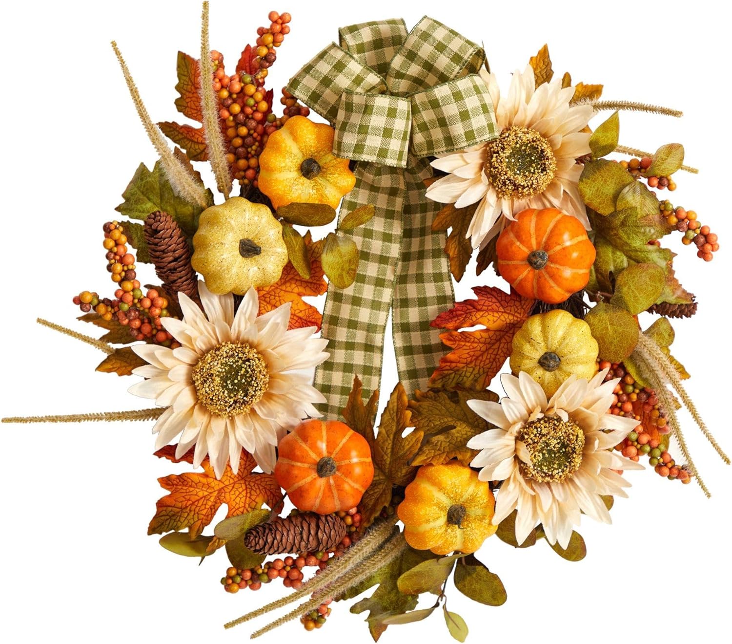 Nearly Natural 24in Fall Pumpkin Sunflower Wreath with Ribbon