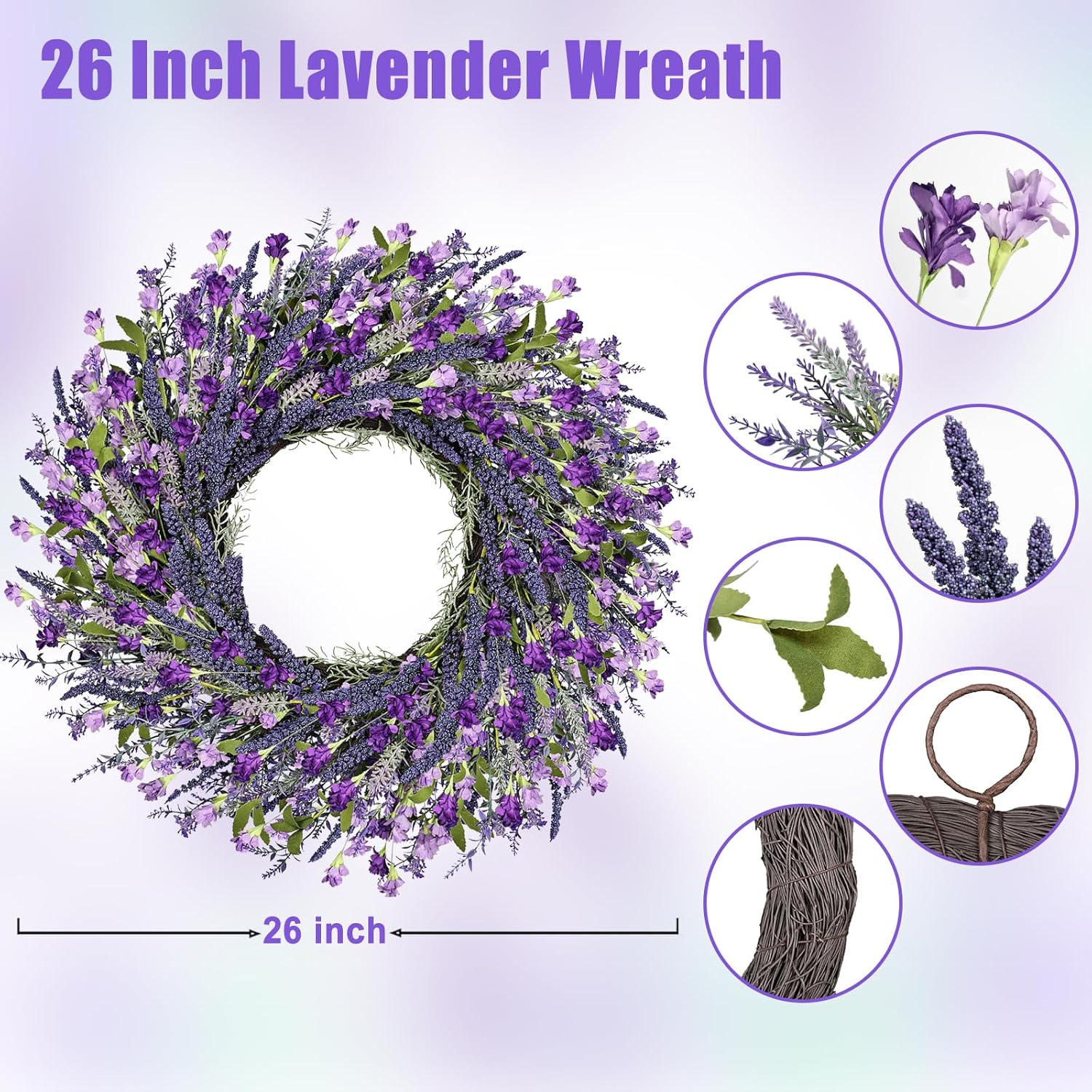 26 Inch Purple Lavender Wreath for Front Door Wedding Farmhouse