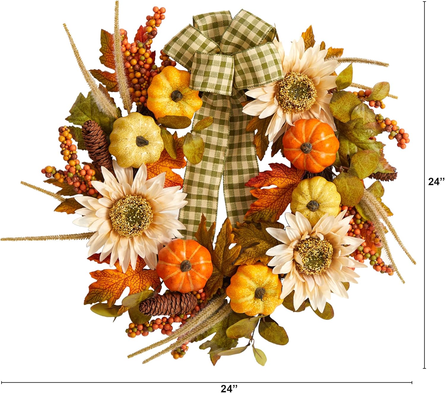Nearly Natural 24in Fall Pumpkin Sunflower Wreath with Ribbon