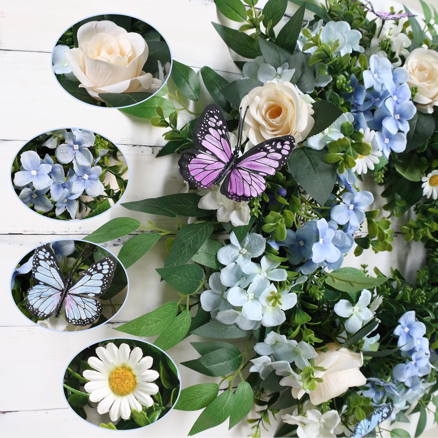 24 Inch Blue Hydrangea Wreath with Butterfly Lights Timer