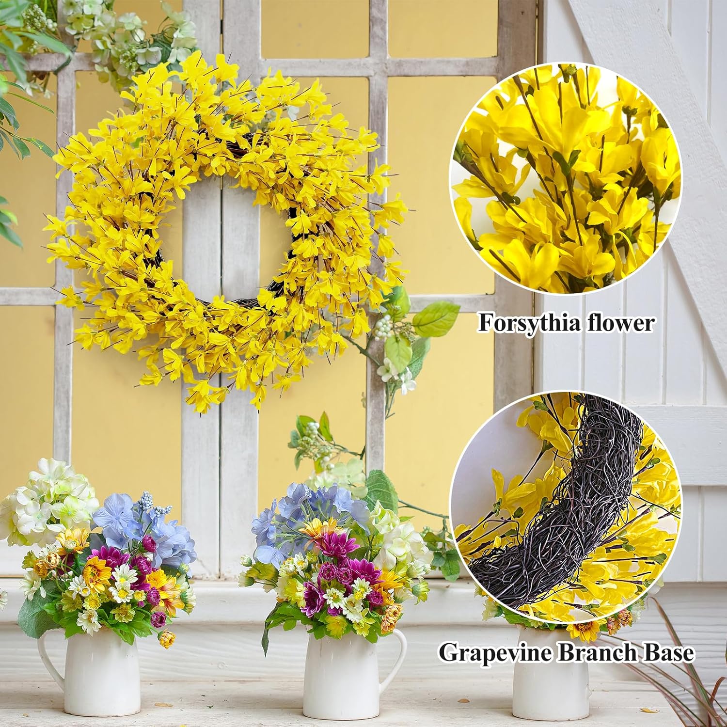 Huashen 24 Inch Yellow Forsythia Summer Wreath for Front Door