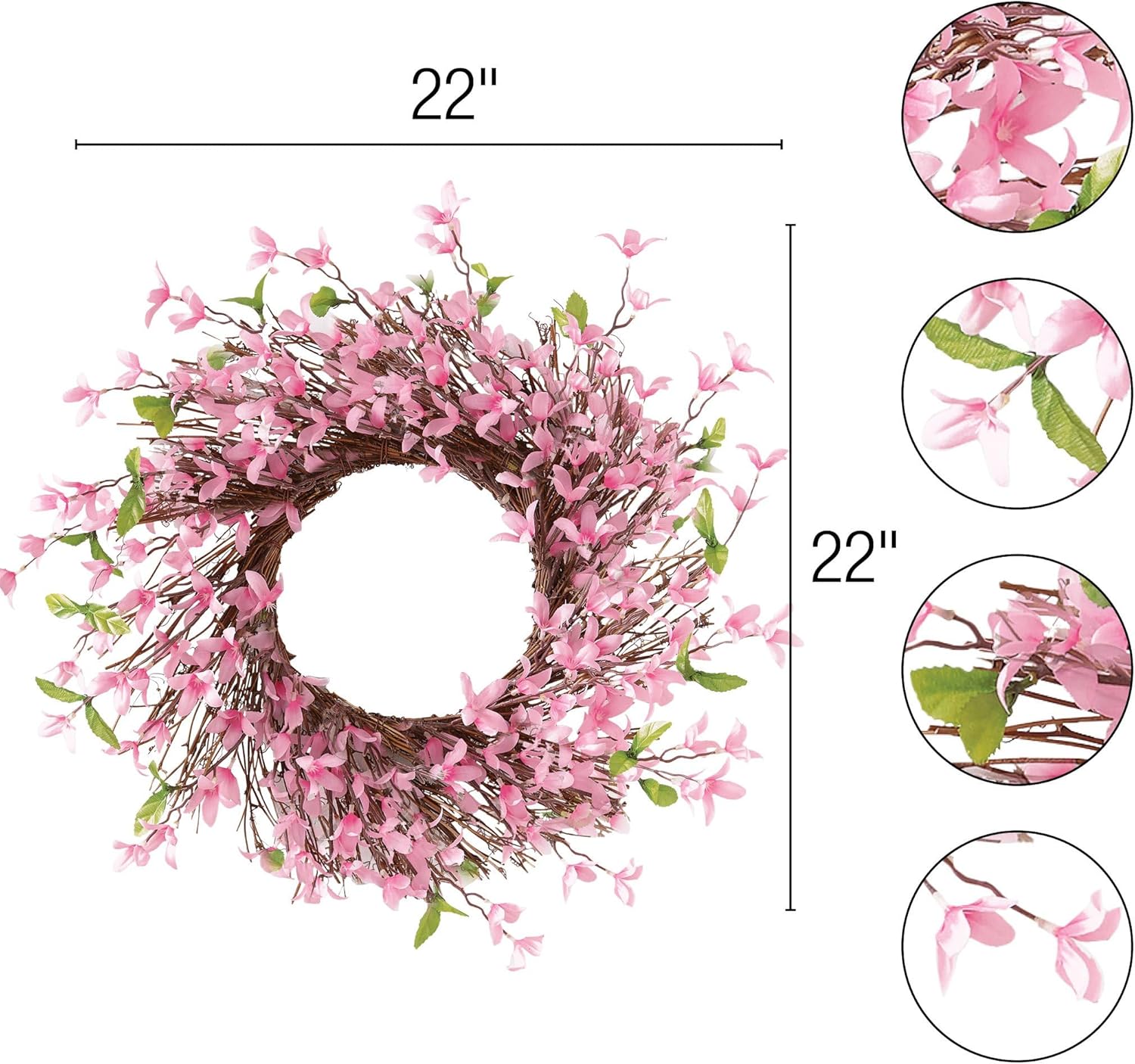 Collections Etc Spring Forsythia Floral Door Wreath in Pink