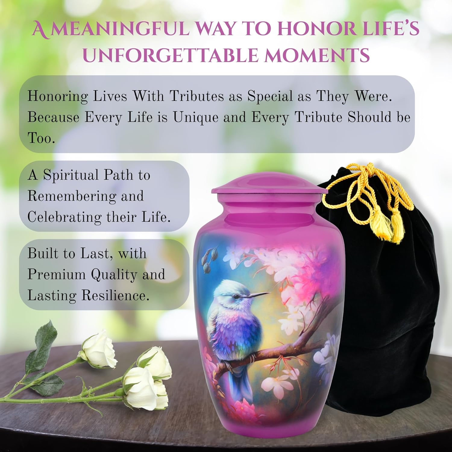 Bright Purple Hummingbird Cremation Urn for Adult Ashes - 200 Cubic Inches