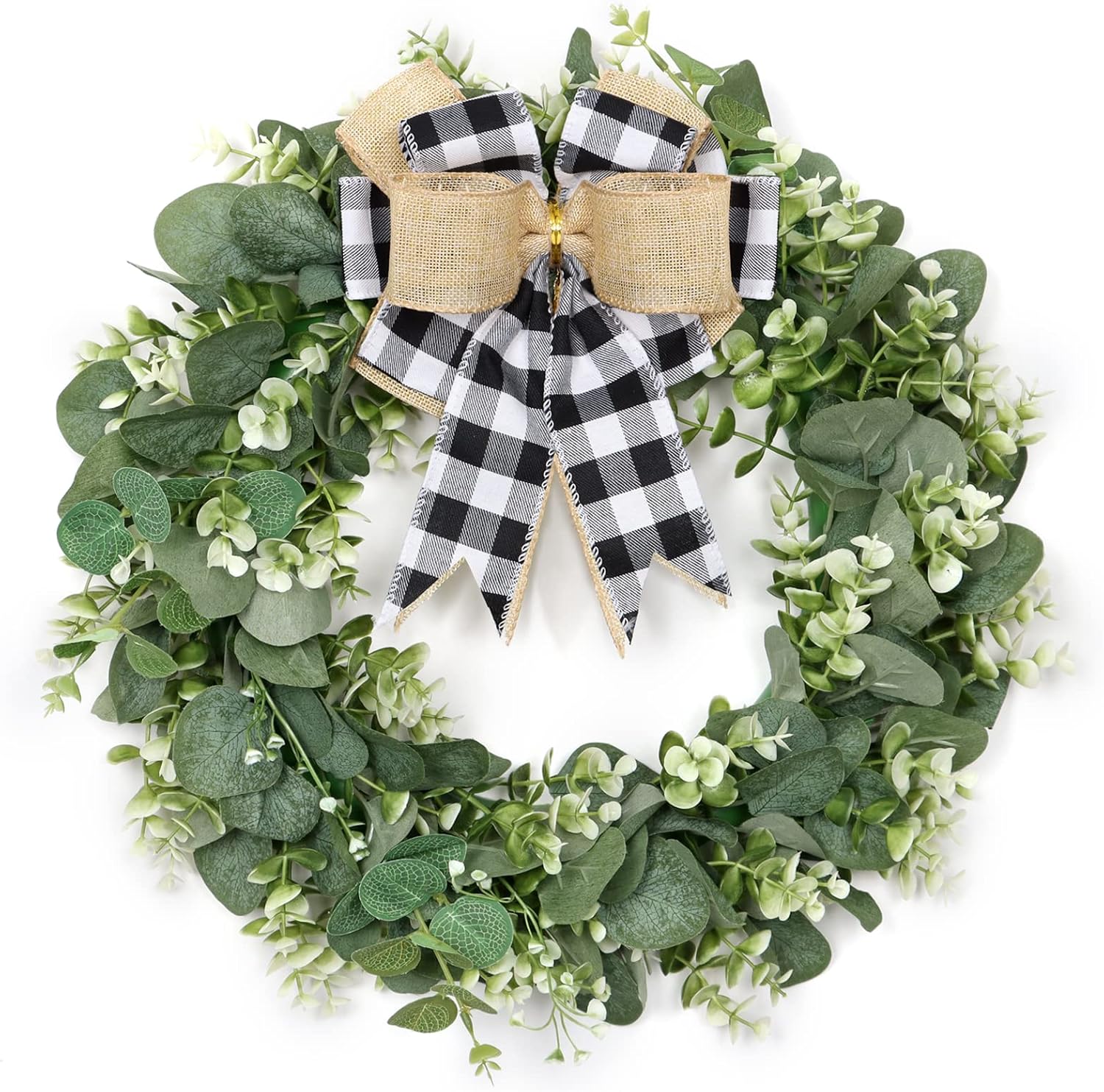 Dremisland Buffalo Plaid Wreath 16 Inch Artificial Eucalyptus Wreath with Plaid Bow