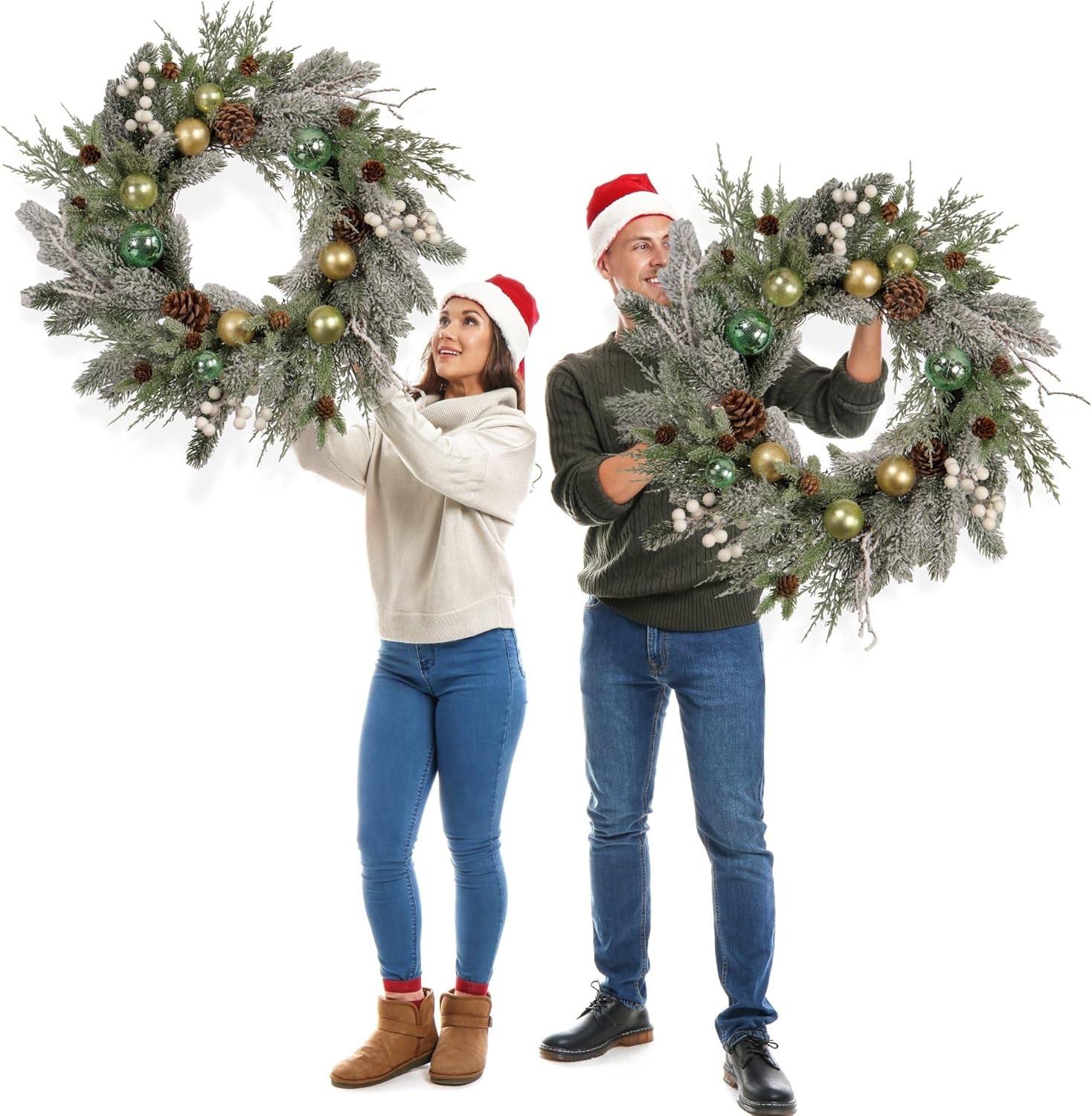 22-inch Snow Flocked Artificial Christmas Wreath with Gold Green Ornaments