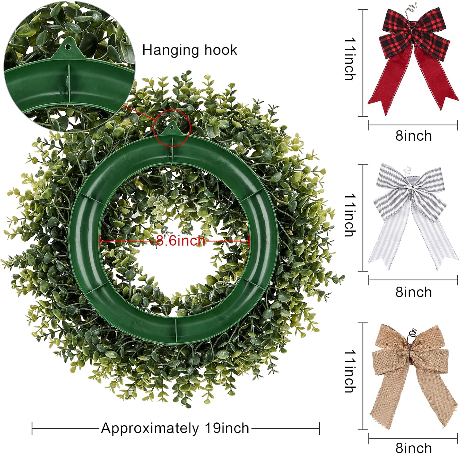 KuiMen 19 Inch Boxwood Wreath with 3 Bows