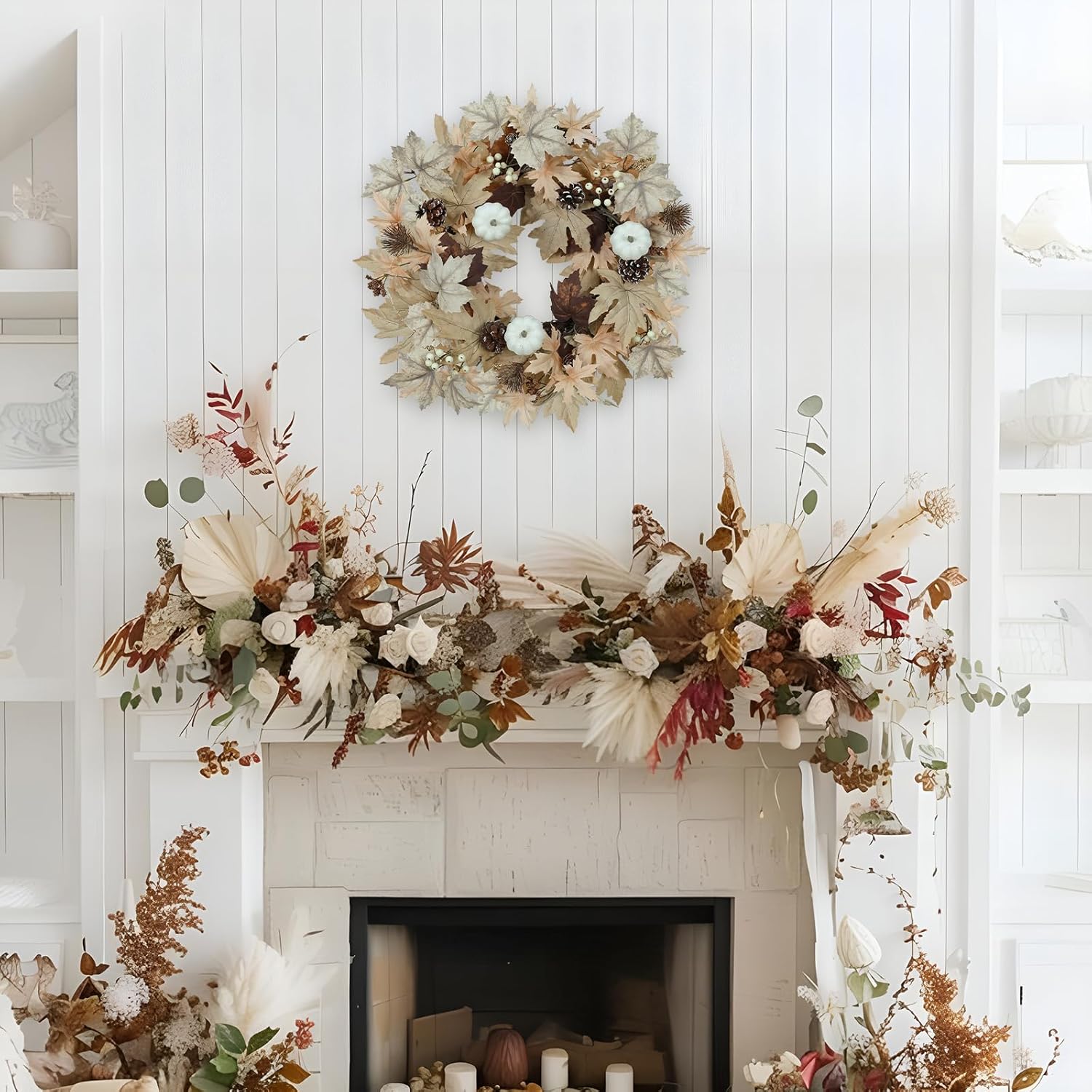 Realistic Fall Wreath with Timer Lights 22 Inch