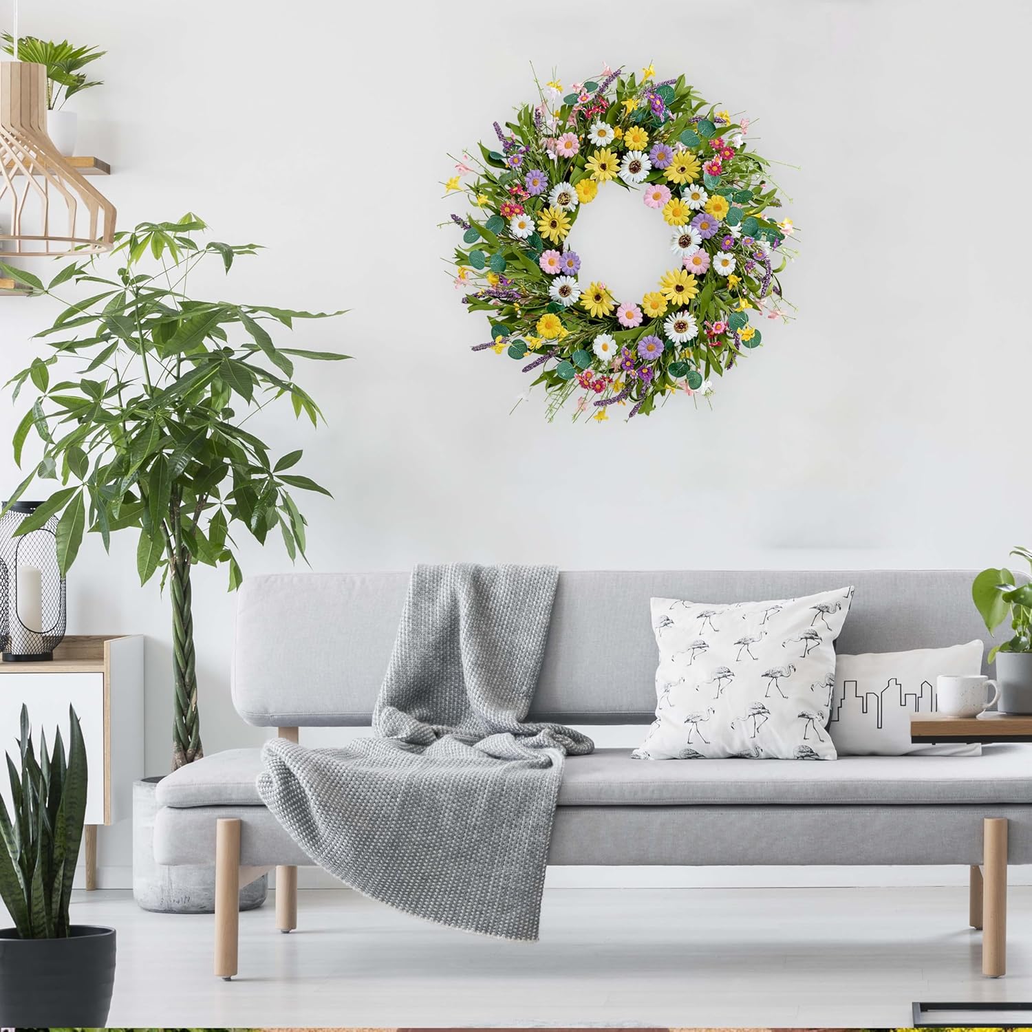 22 Inch Artificial Spring Wreath with Yellow Daisies and Green Eucalyptus Leaves