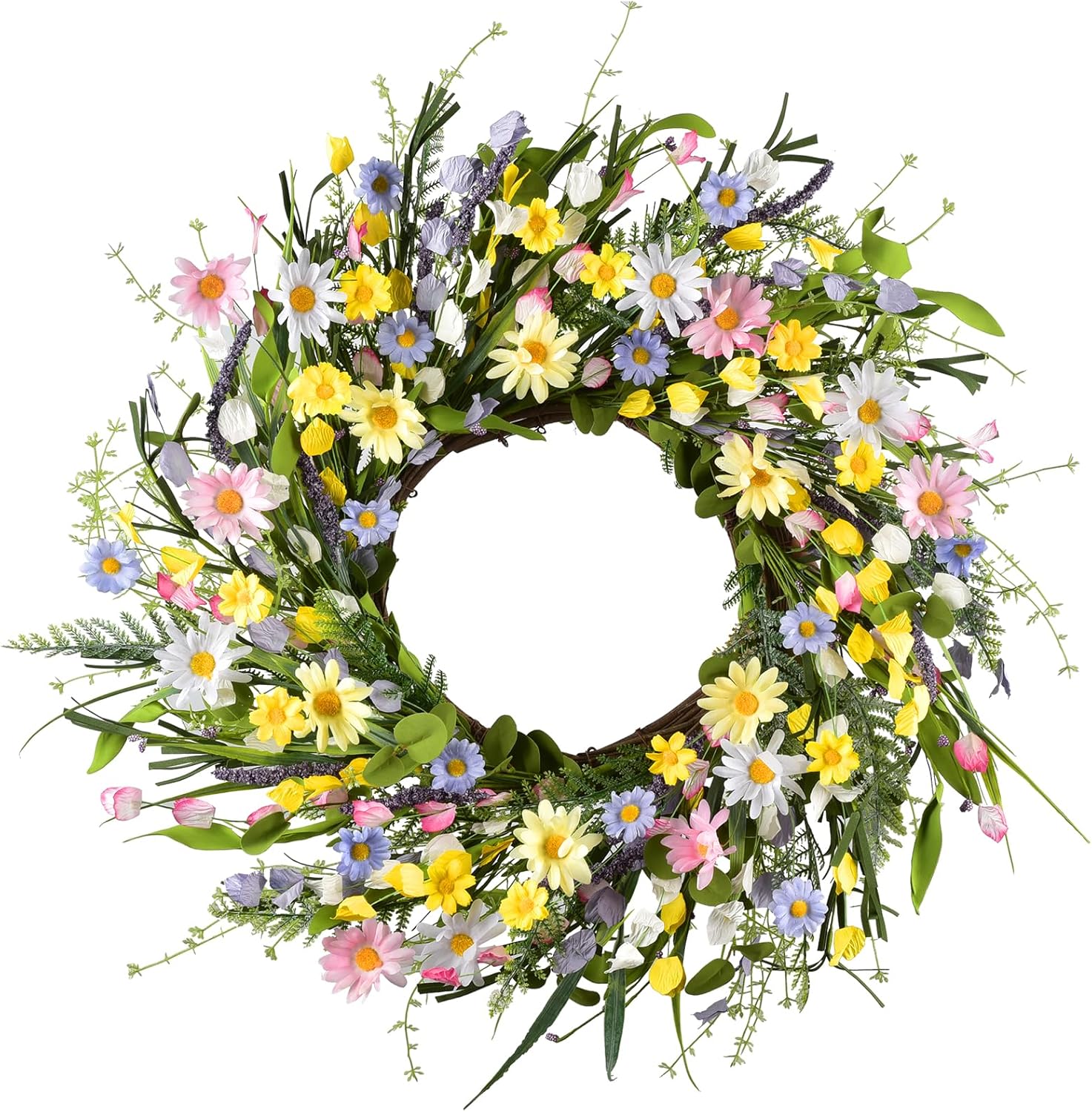 LSKYTOP Artificial Daisy Wreath 24 Inch Front Door Decor
