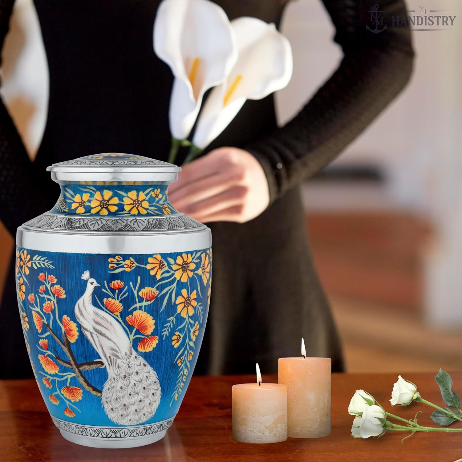 Handpainted Peacock Cremation Urn for Adult Male