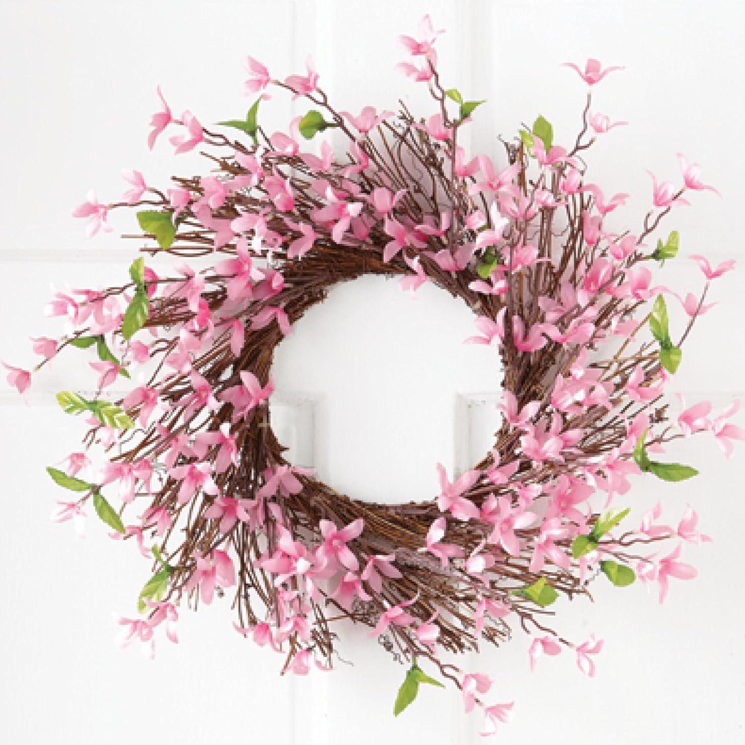 Collections Etc Spring Forsythia Floral Door Wreath in Pink