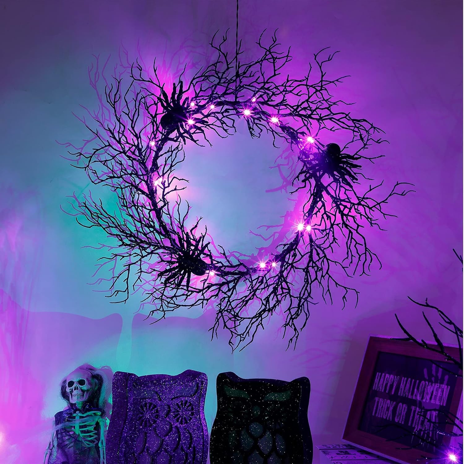 24 Inch Halloween Wreath with Purple LED Lights