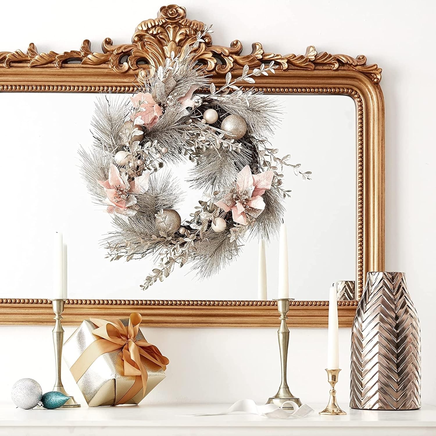 Kurt S Adler 20-Inch Champagne Gold Poinsettia Wreath Set