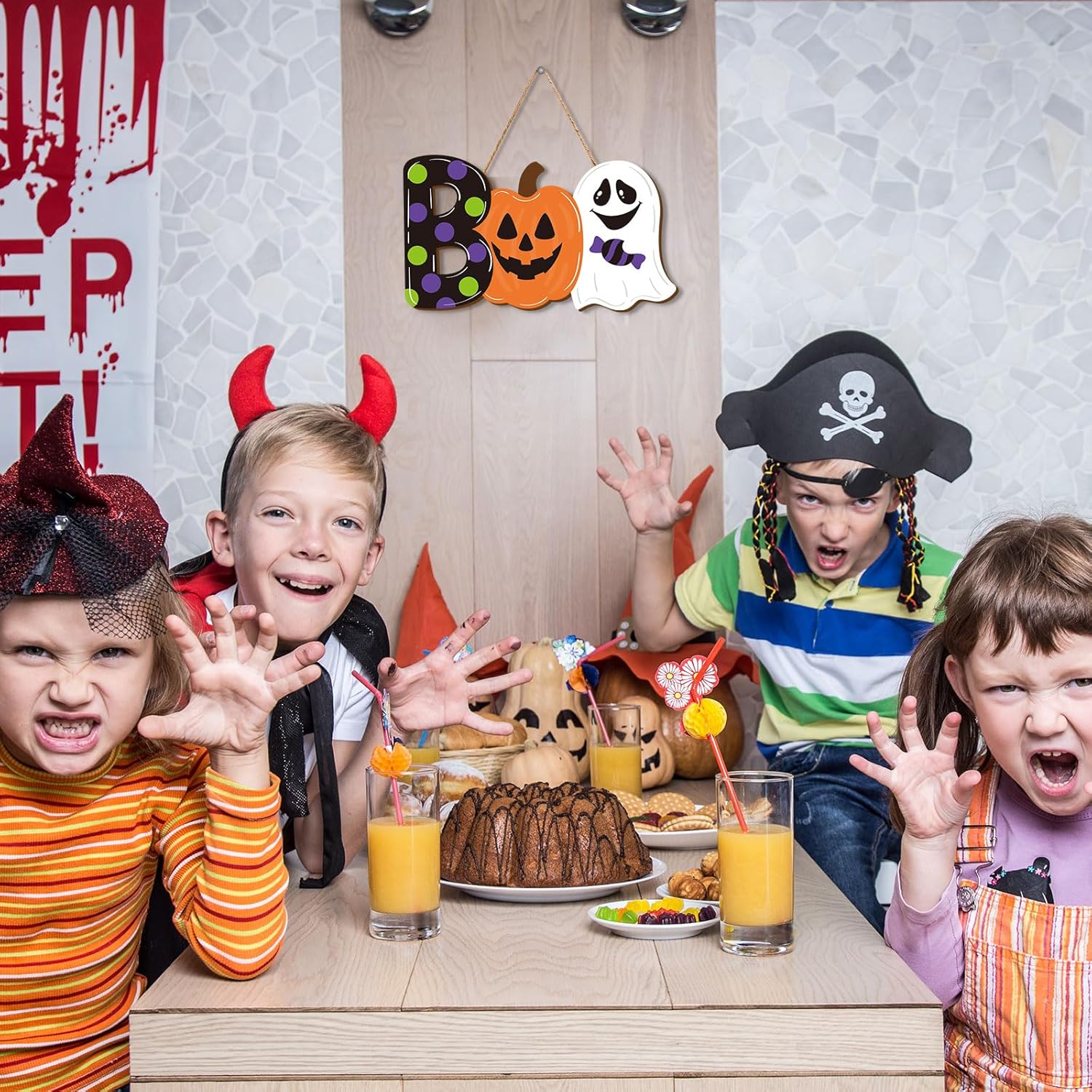 Halloween Wooden Door Hanger with Ghost and Pumpkin Design