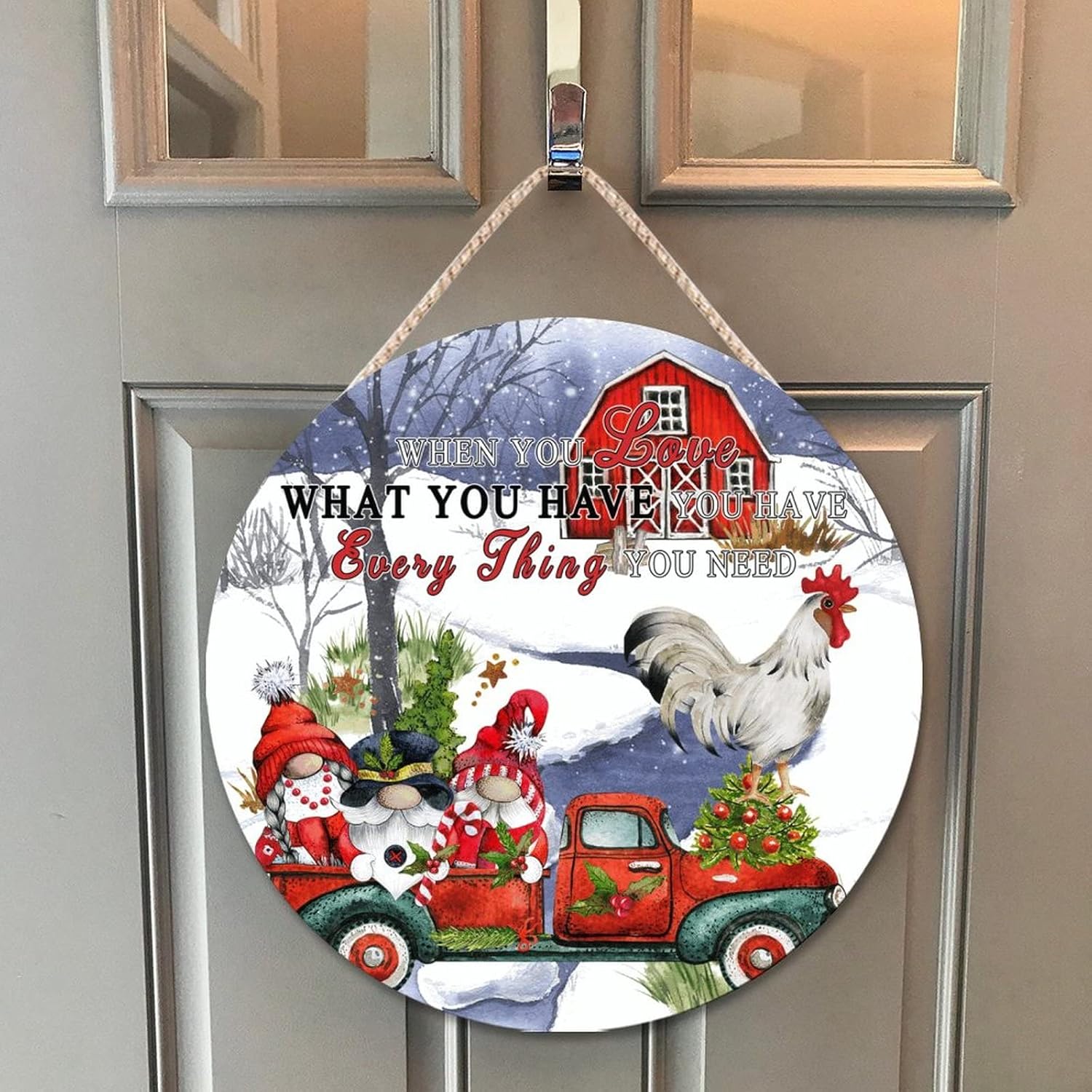 Farmhouse Front Door Hanger with Cow Chicken Goat Truck Wood Sign 10x10in