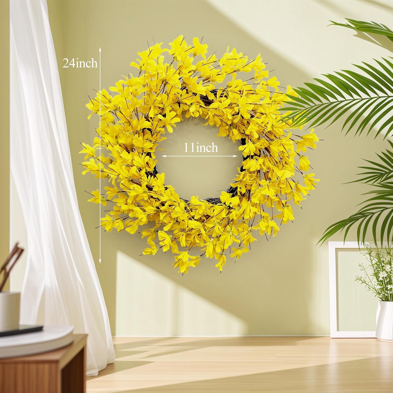 Huashen 24 Inch Yellow Forsythia Summer Wreath for Front Door