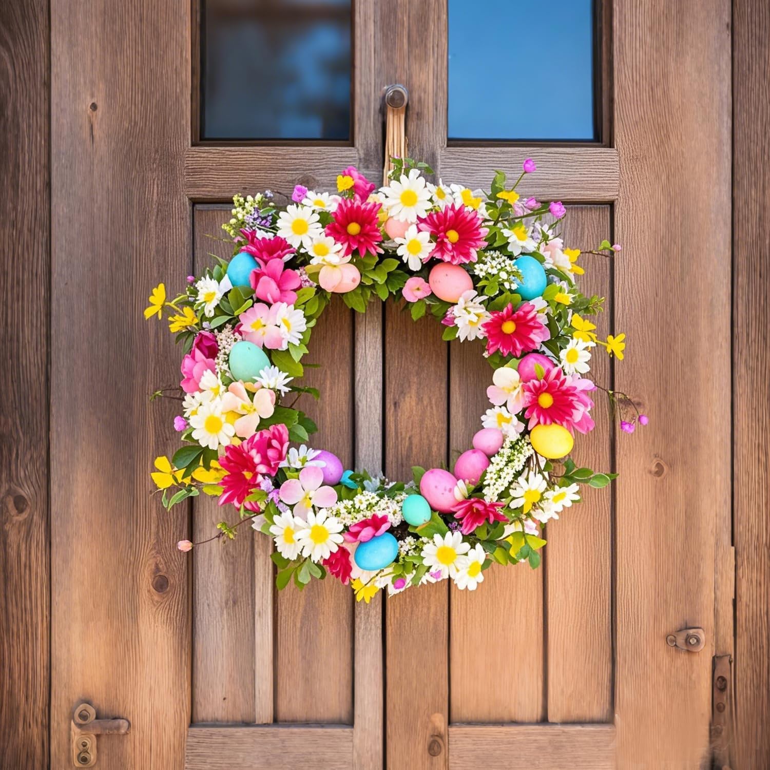 18 Inch Artificial Spring Door Wreath with Eggs and Flowers