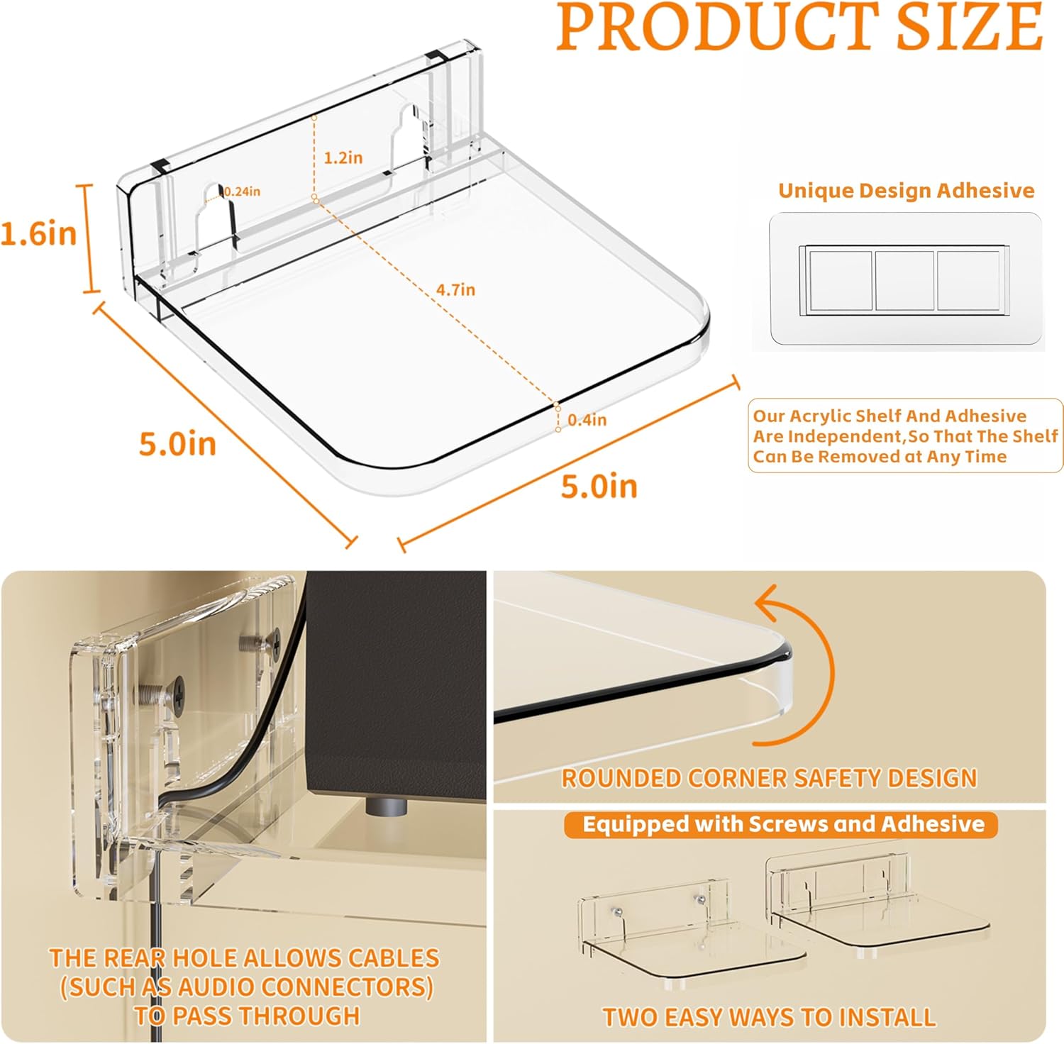 Yieach 5 Inch Mini Wall Shelf 4 Pack Clear Floating Display