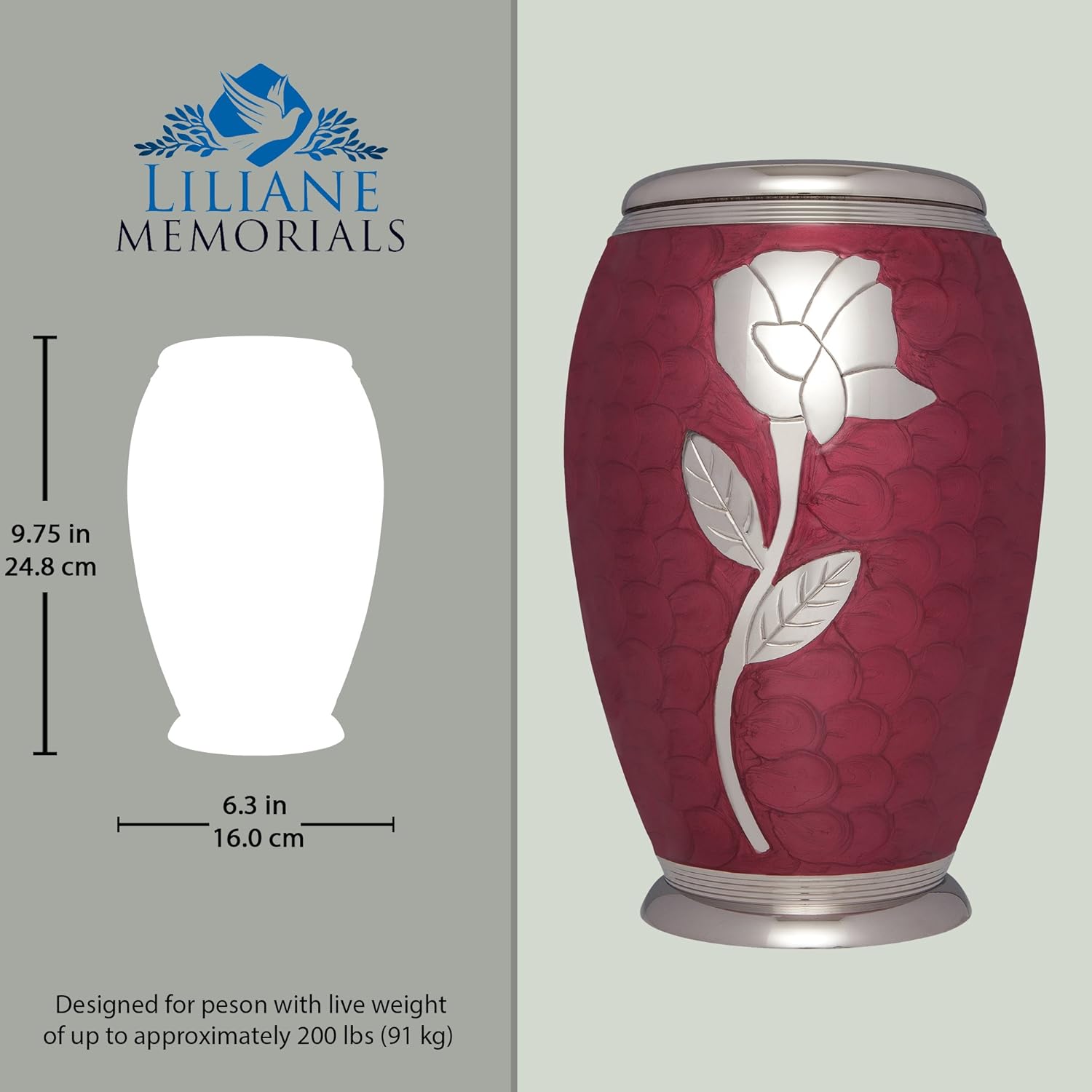 Red Rose Cremation Urn - Handmade Brass - Adult Size - Talia Model