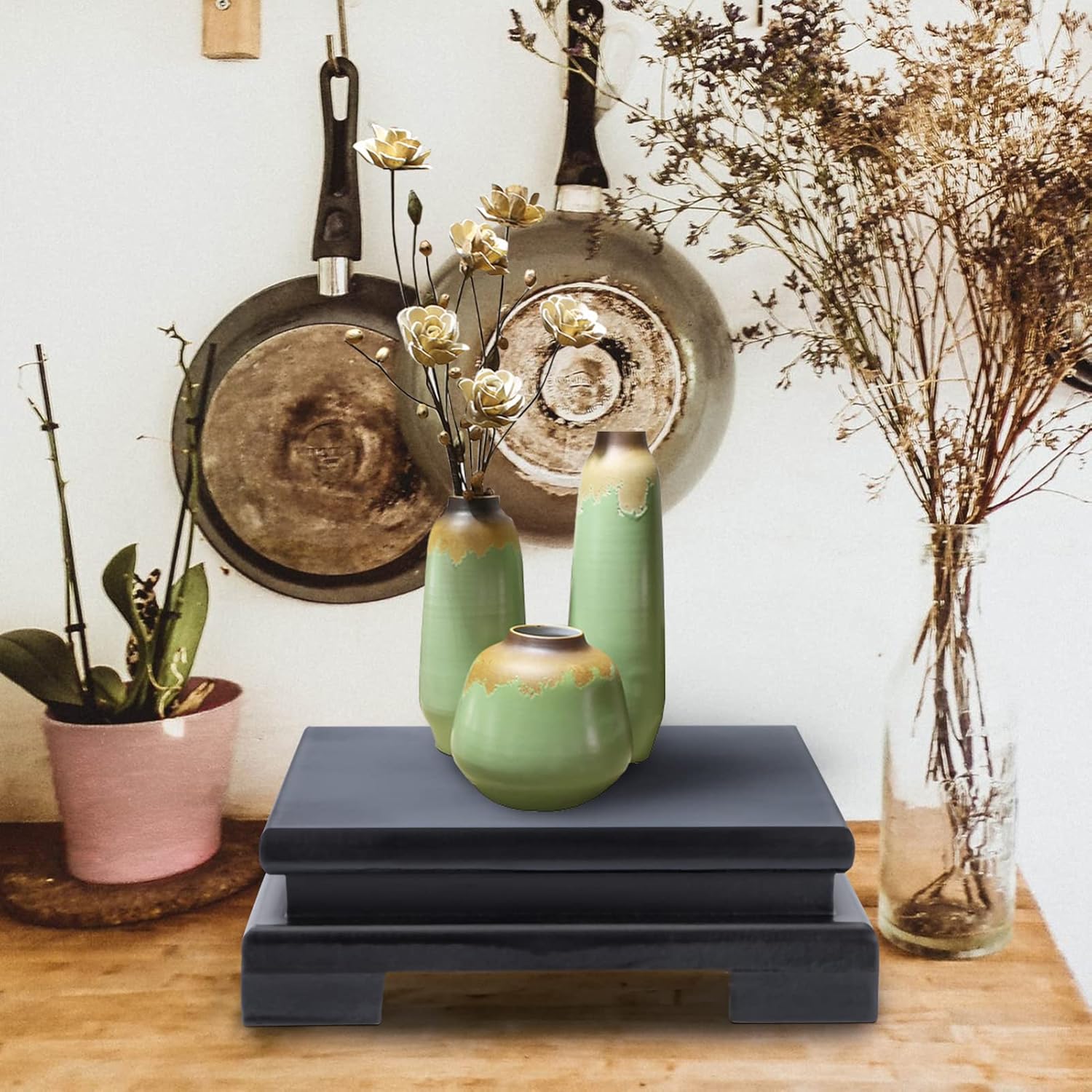 Black Wood Pedestal Stand 2Pack for Vase Display