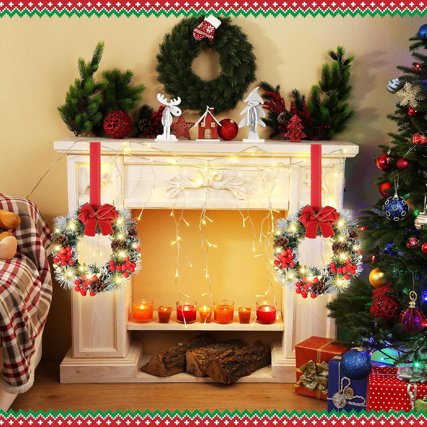 6 Pcs Cabinet Wreath with Lights Christmas Decor