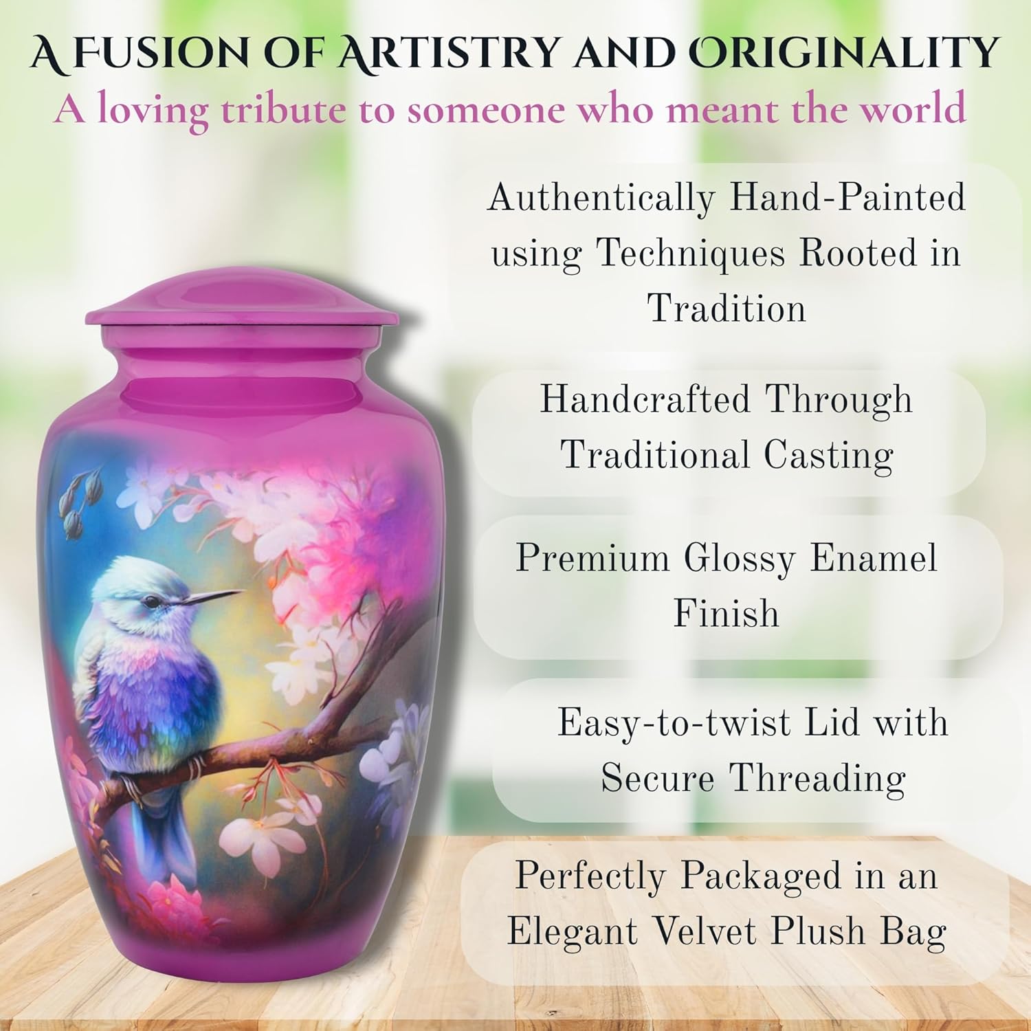 Bright Purple Hummingbird Cremation Urn for Adult Ashes - 200 Cubic Inches