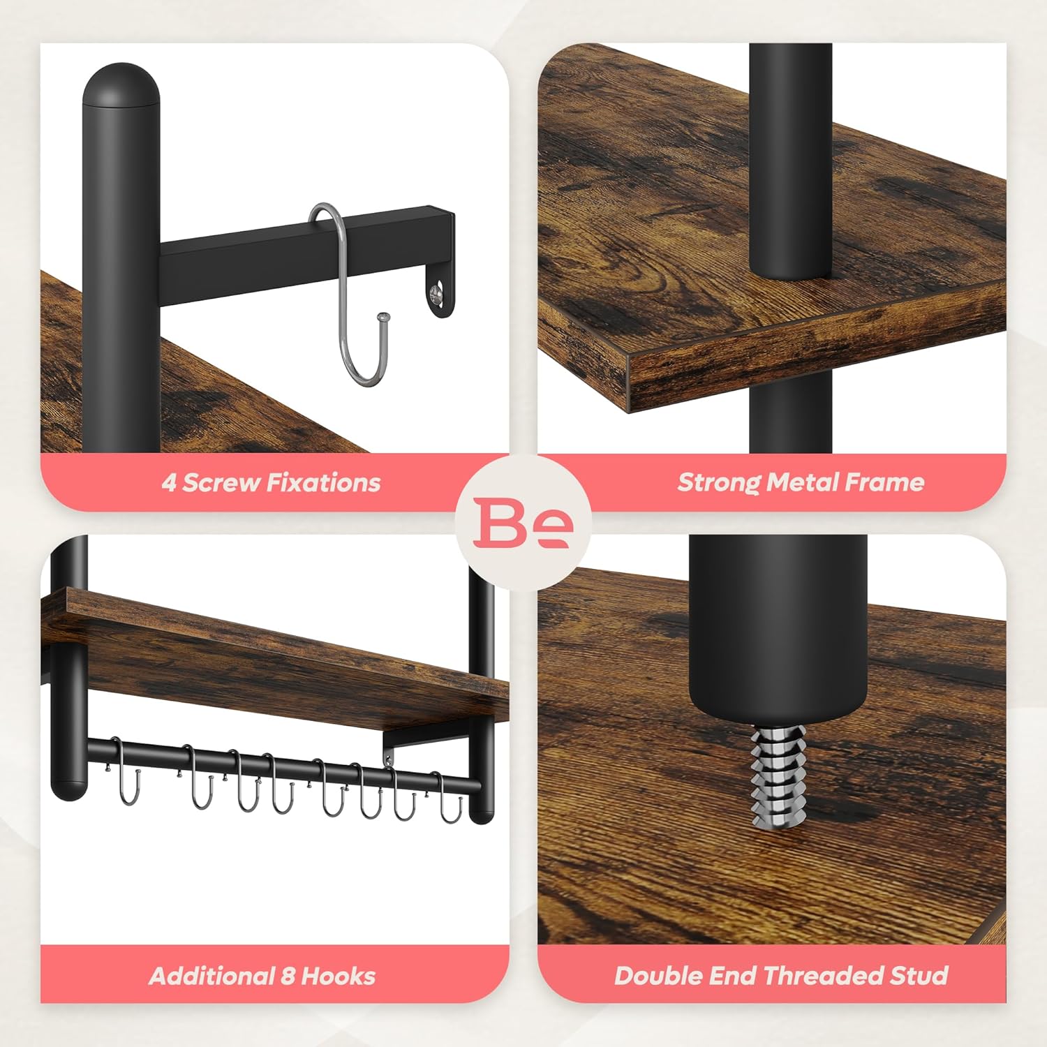 Bestier 24 Inch Floating Kitchen Shelves 2 Tier with 8 Hooks