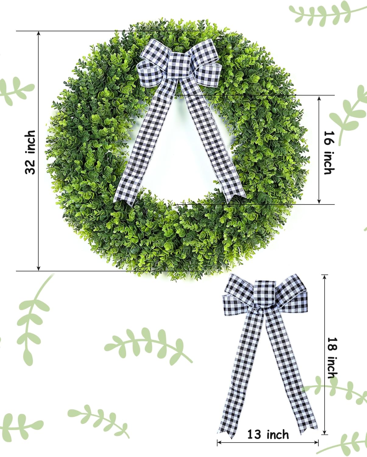 Vlorart 32 Inch Faux Boxwood Wreath with Plaid Bow