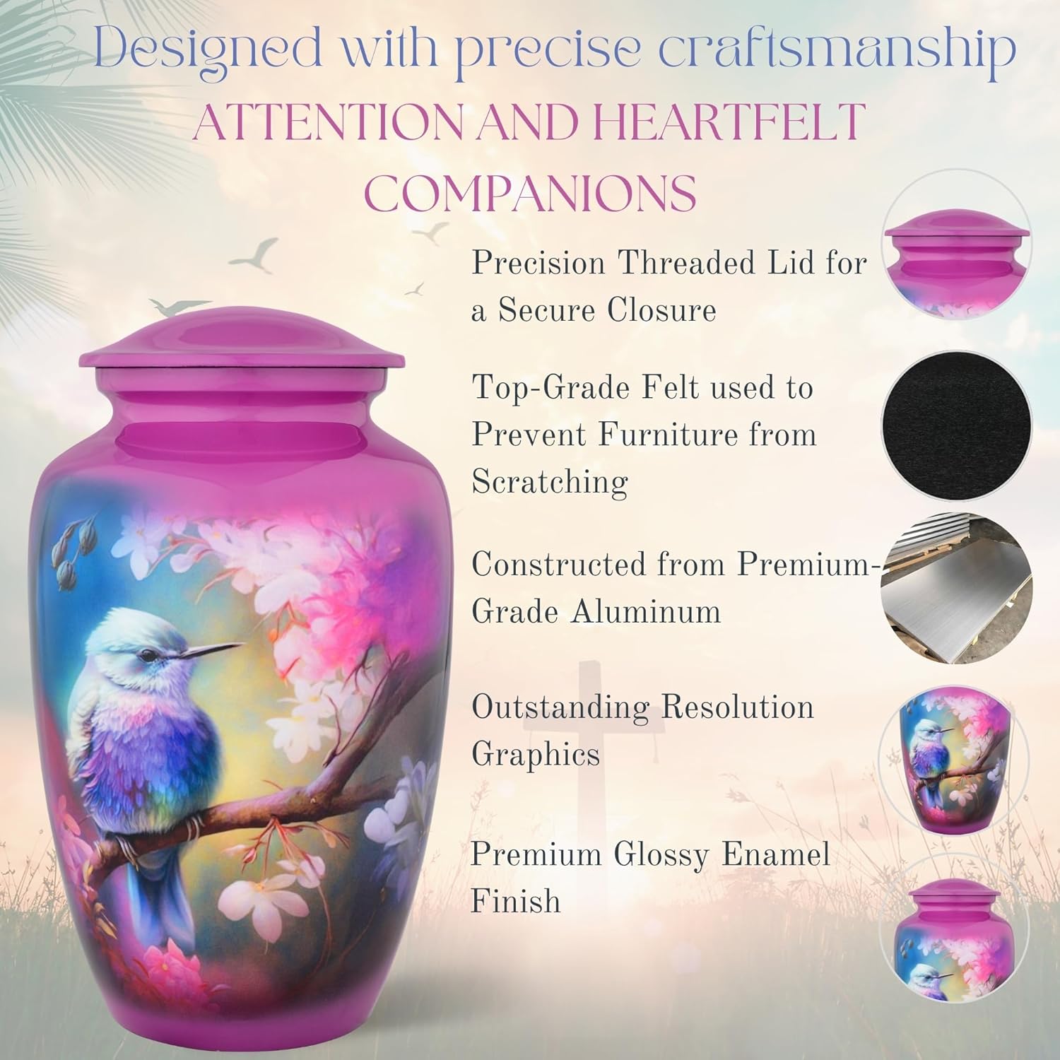 Bright Purple Hummingbird Cremation Urn for Adult Ashes - 200 Cubic Inches