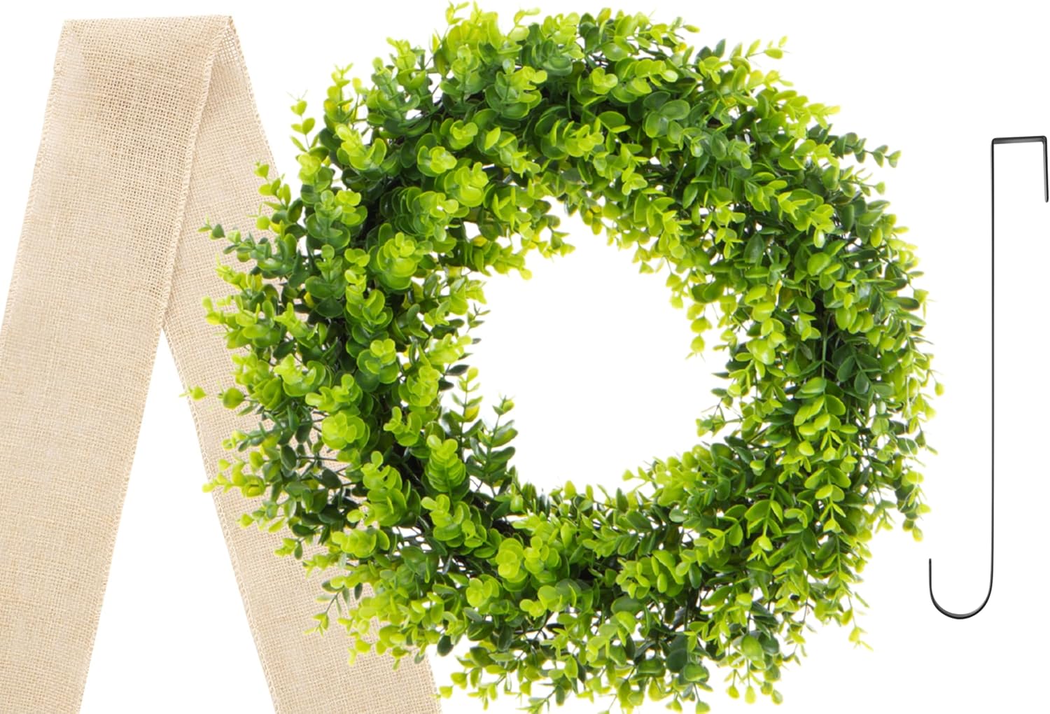 20-Inch Boxwood Wreath with Metal Hanger Burlap Ribbon