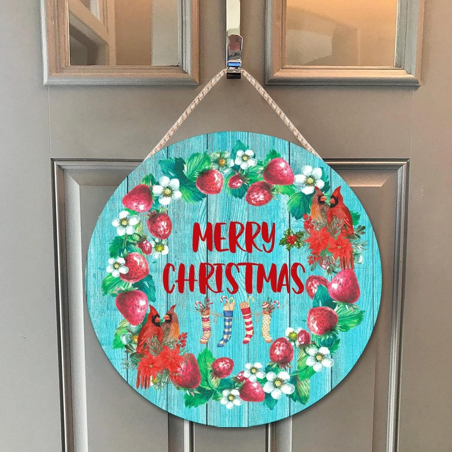 Farmhouse Front Door Hanger Red Birds Holly Wreath Christmas Wood Sign