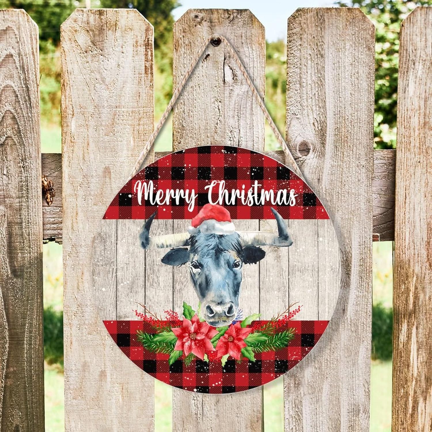 Farmhouse Door Hanger Christmas Cow Red Buffalo Plaid Wood Sign