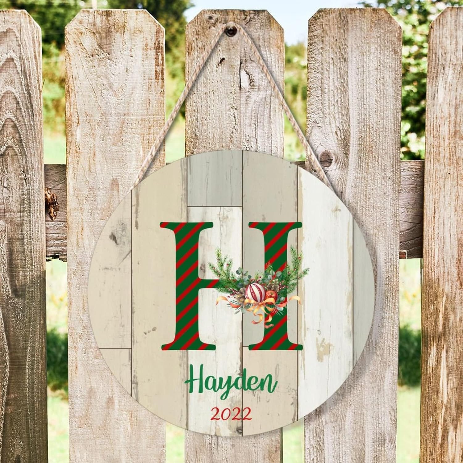 Custom Name Initial Farmhouse Door Hanger with Green Red Stripes