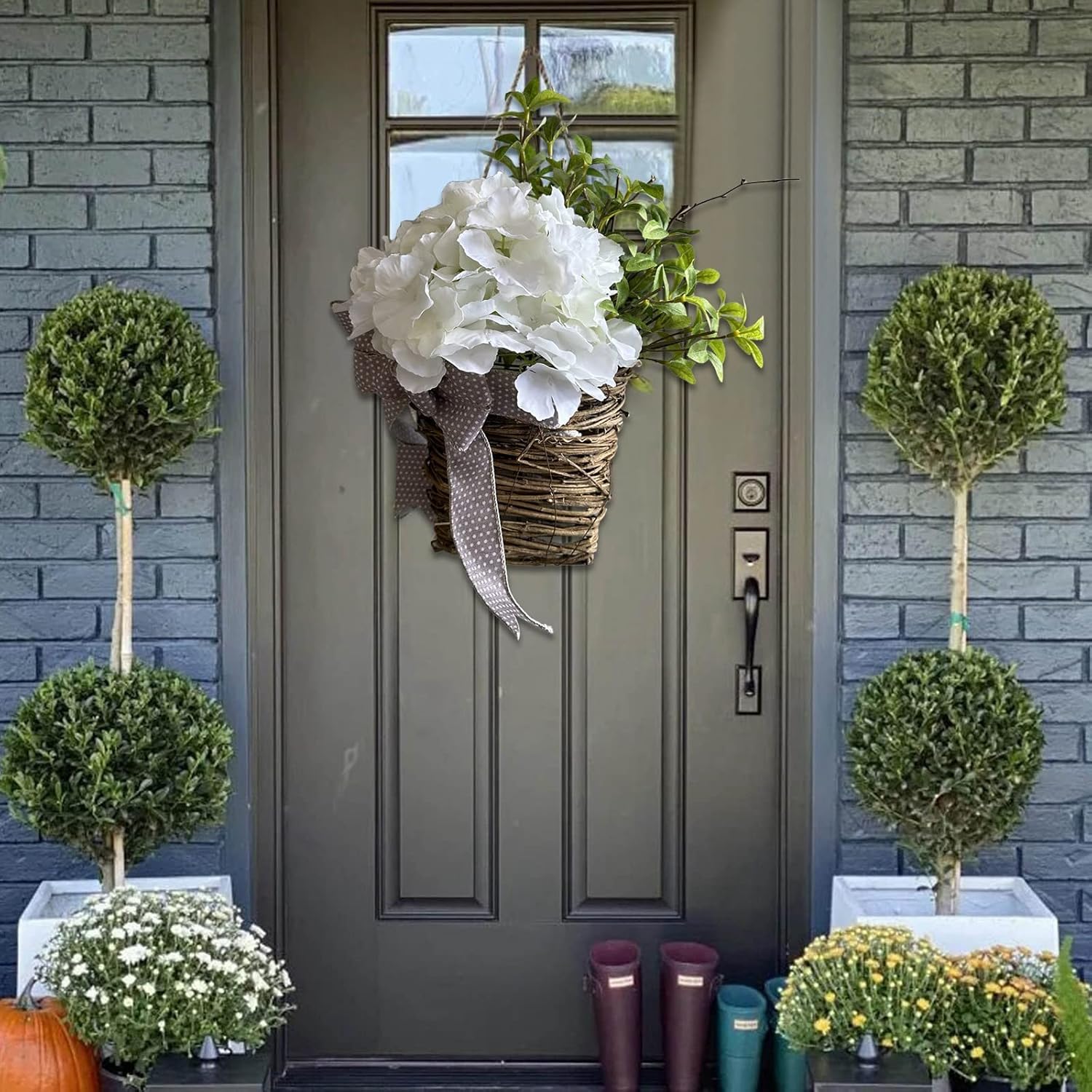 Cream Hydrangea Door Wreath Basket Spring Welcome Sign