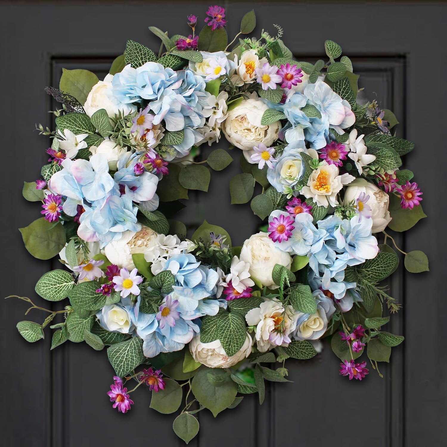 24 Inch Blue Hydrangea Wreath for Front Door