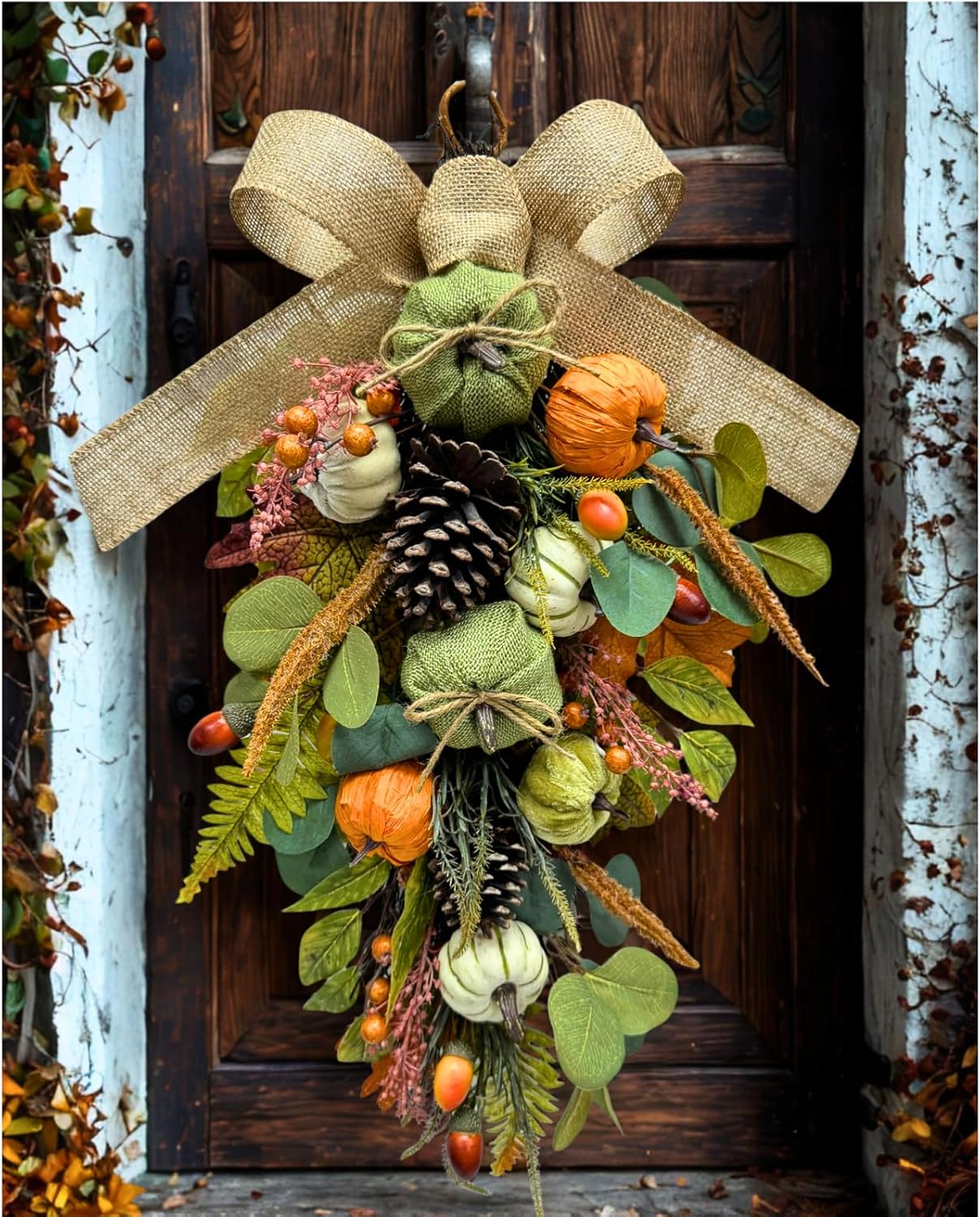 Harvest Teardrop Fall Wreath Decor with Pumpkins and Leaves
