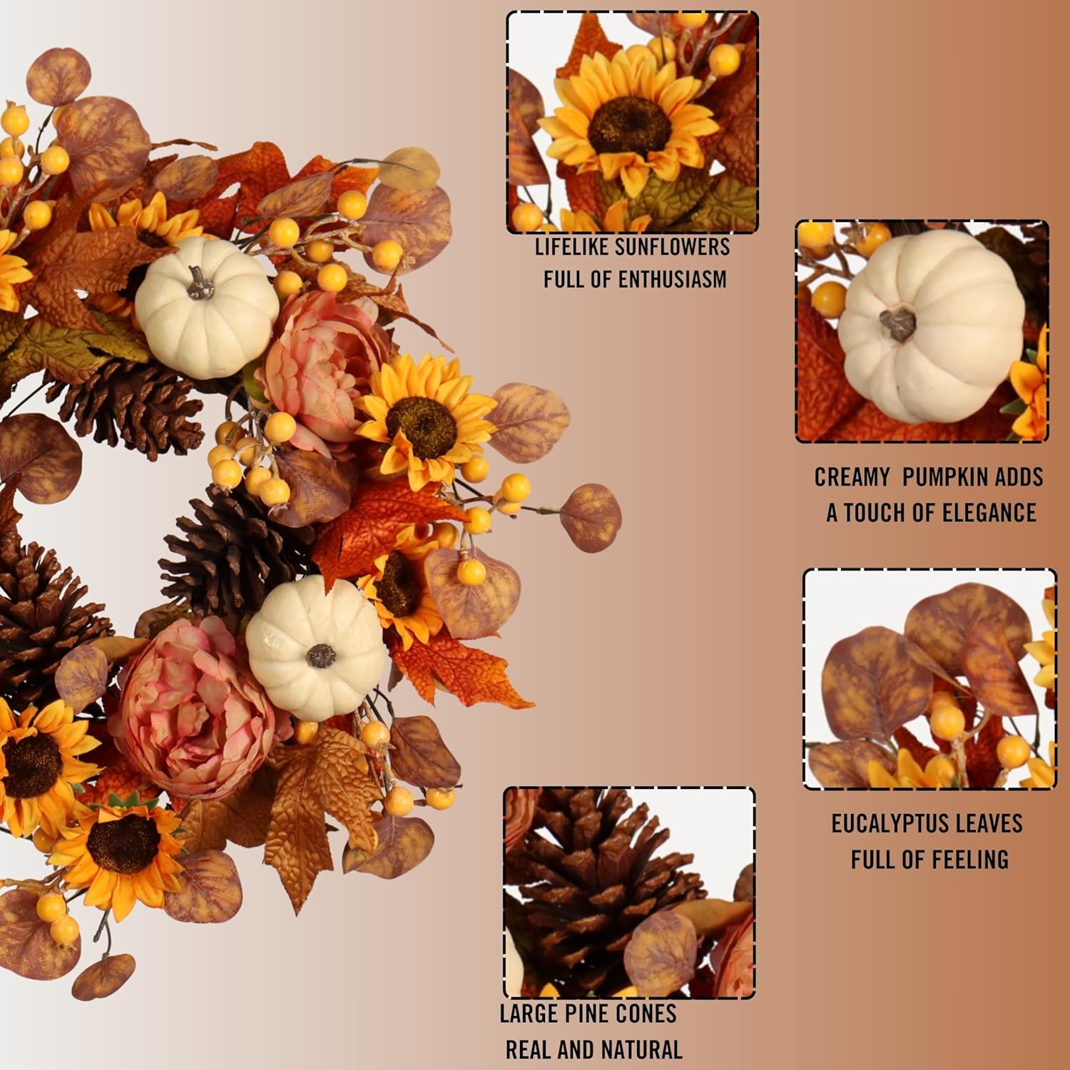 Pudate Artificial Fall Autumn Wreath 22 Inches